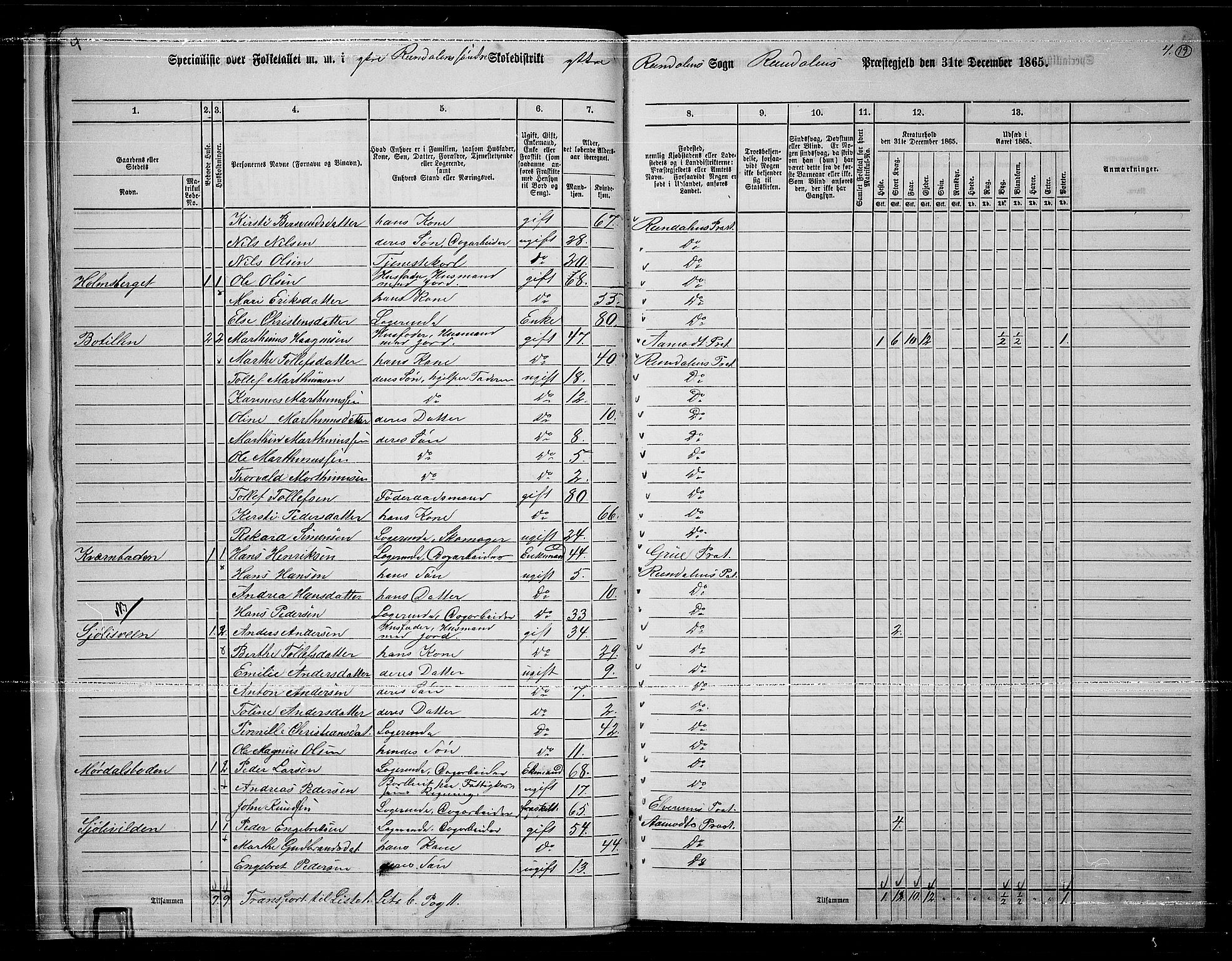 RA, 1865 census for Rendalen, 1865, p. 19