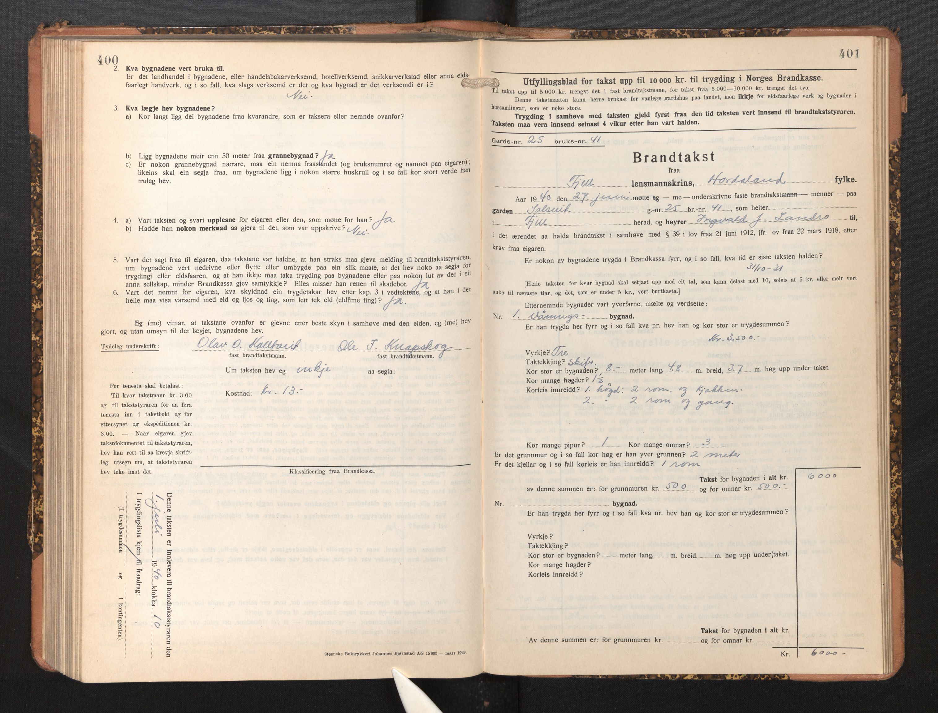 Lensmannen i Fjell, AV/SAB-A-32301/0012/L0006: Branntakstprotokoll, skjematakst, 1931-1945, p. 400-401