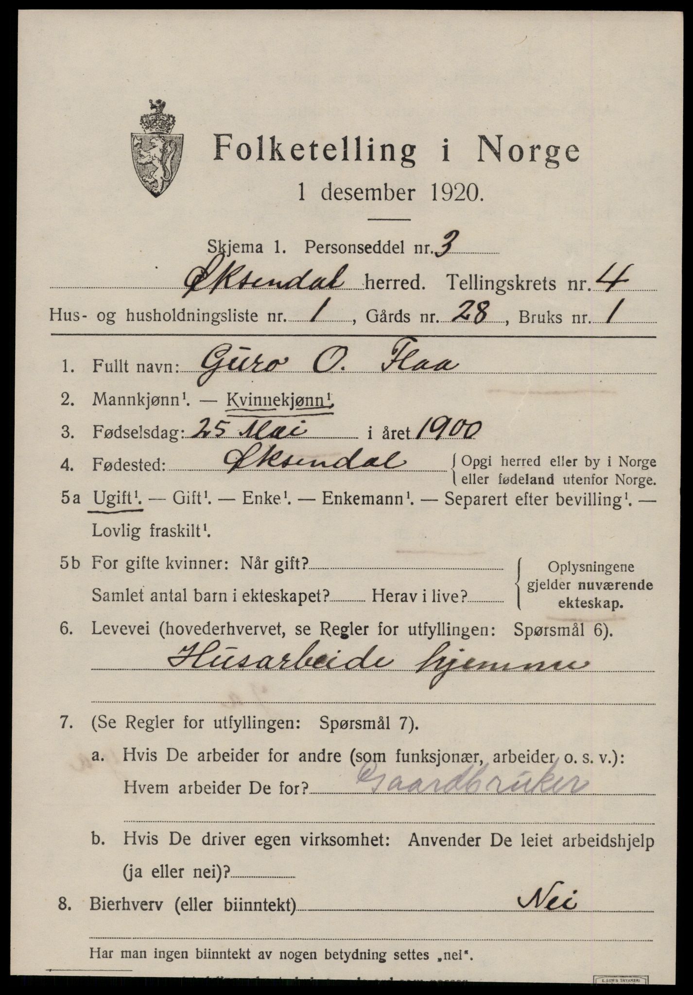 SAT, 1920 census for Øksendal, 1920, p. 1271