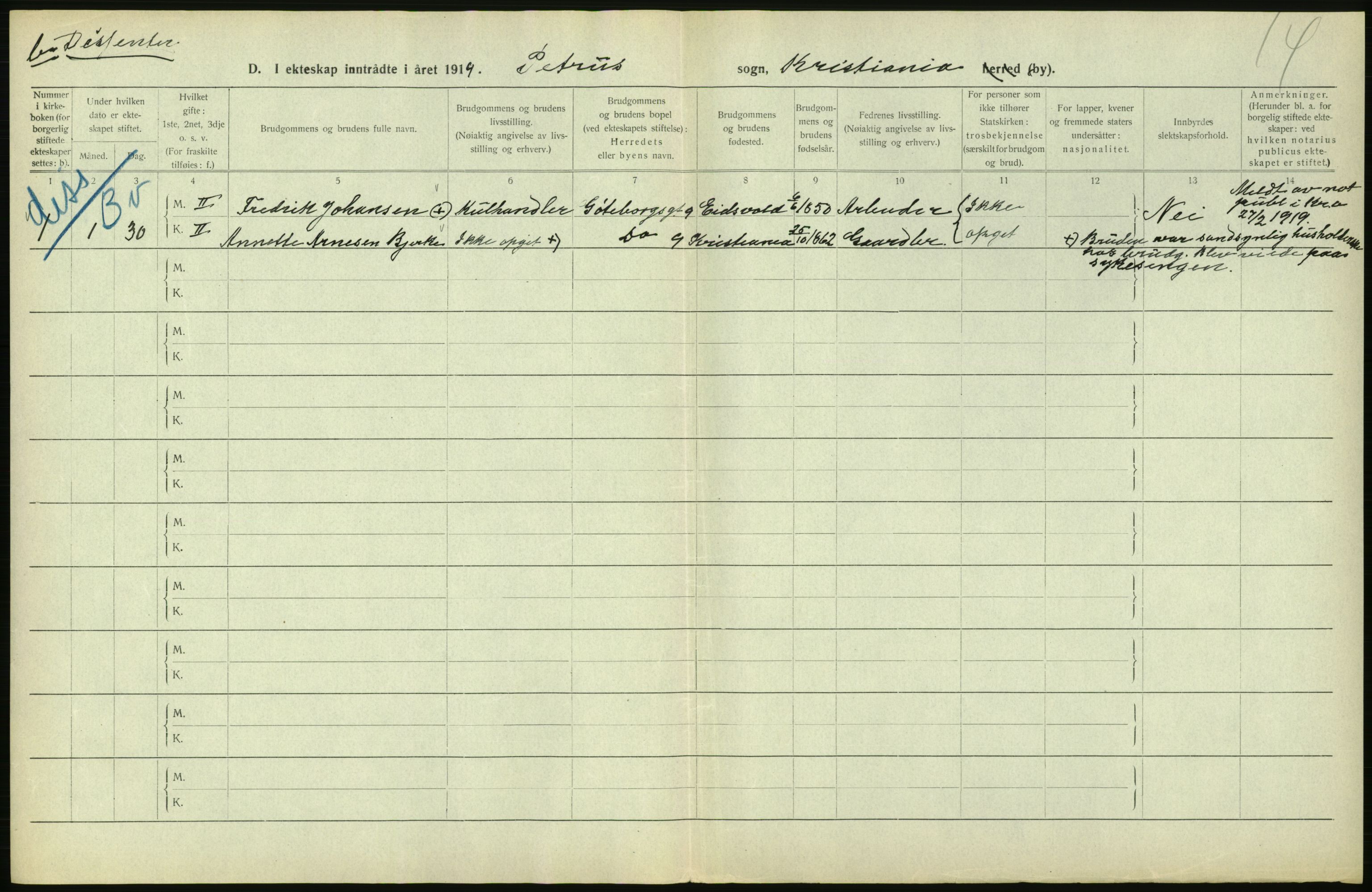 Statistisk sentralbyrå, Sosiodemografiske emner, Befolkning, AV/RA-S-2228/D/Df/Dfb/Dfbi/L0009: Kristiania: Gifte, 1919, p. 462