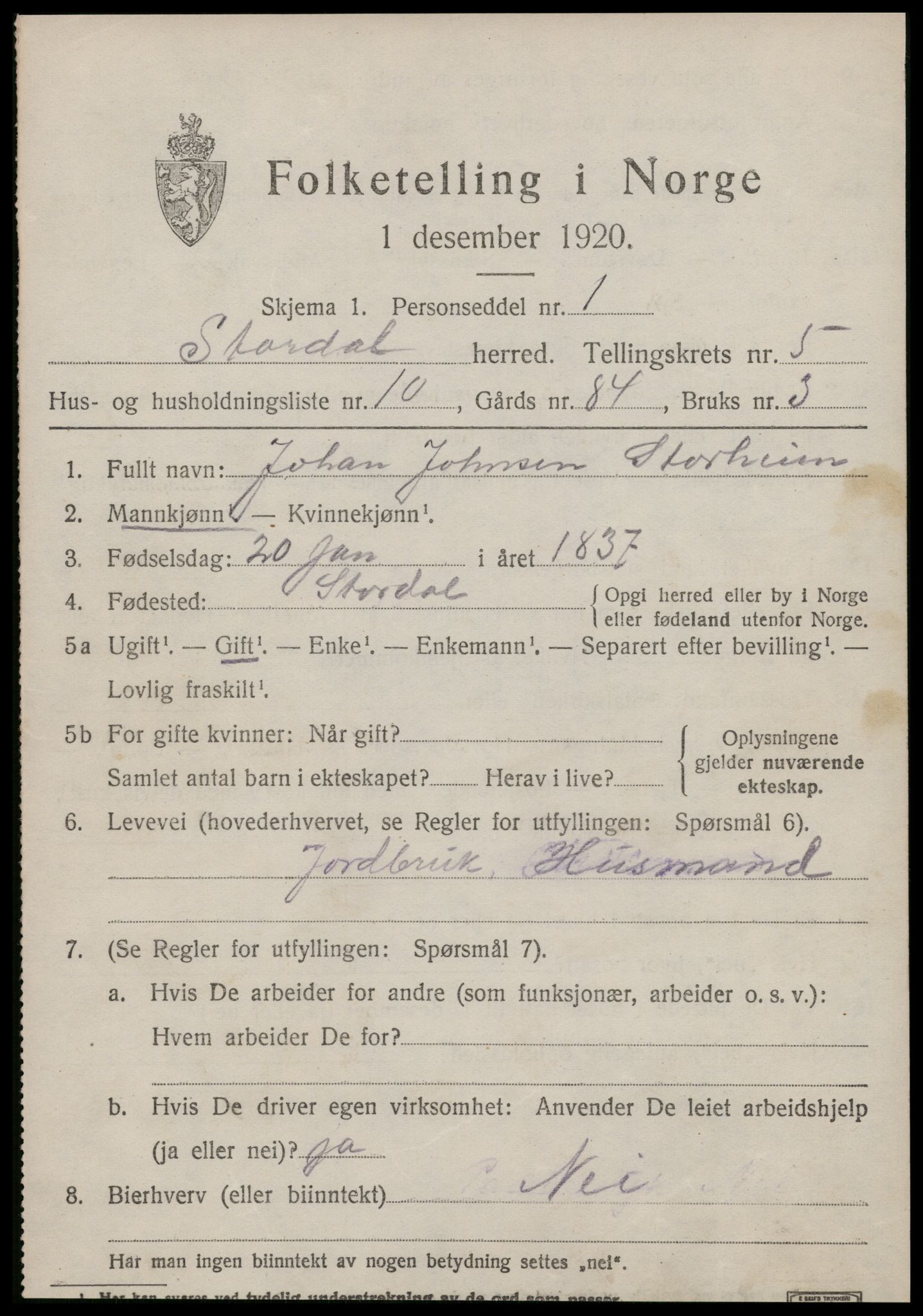 SAT, 1920 census for Stordal, 1920, p. 1646