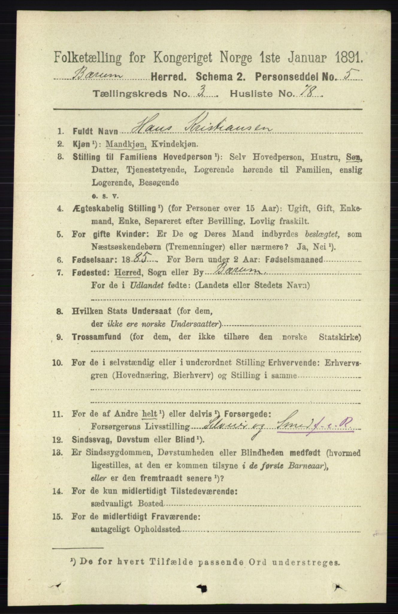 RA, 1891 census for 0219 Bærum, 1891, p. 2399