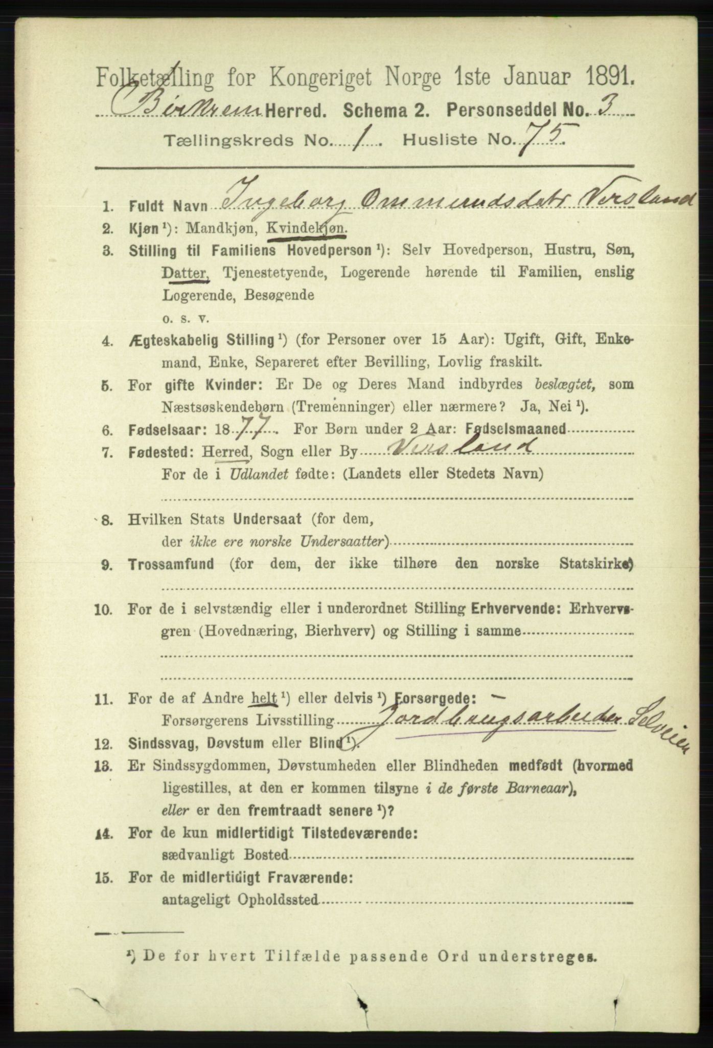 RA, 1891 census for 1114 Bjerkreim, 1891, p. 516