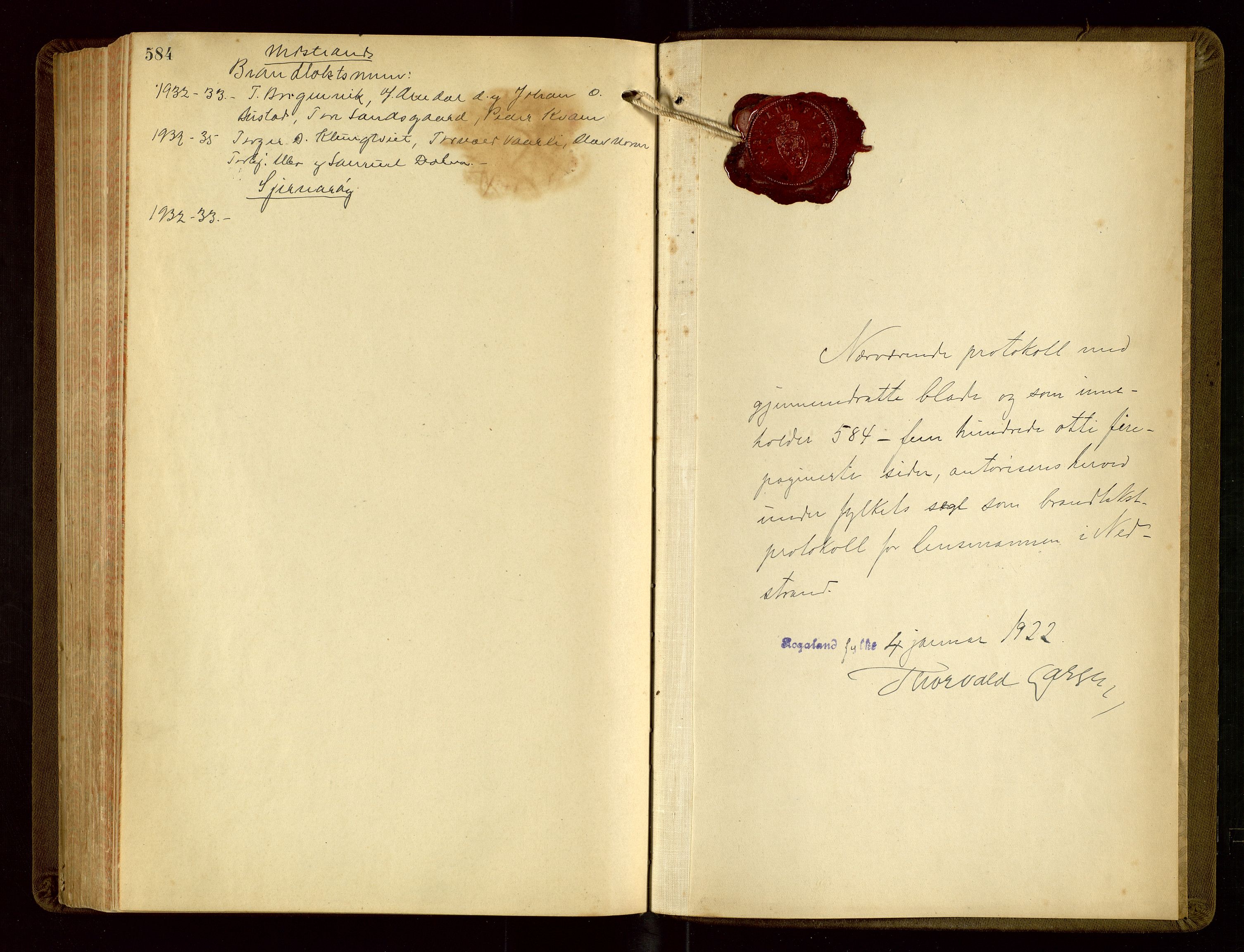 Nedstrand lensmannskontor, AV/SAST-A-100236/Goa/L0002: "Brandtakstprotokoll for lensmannen i Nedstrand", 1922-1955, p. 584