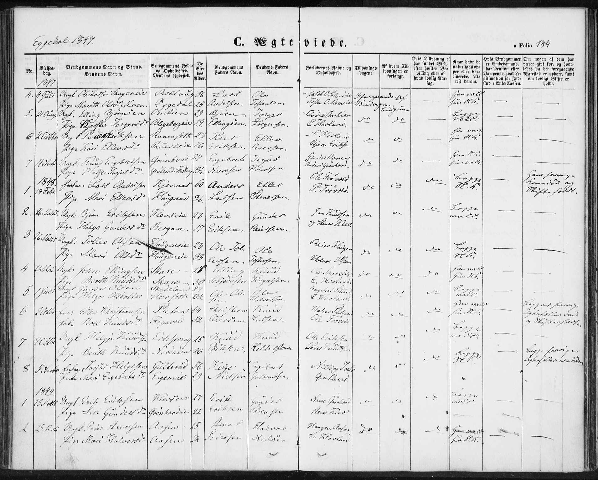 Sigdal kirkebøker, AV/SAKO-A-245/F/Fa/L0007: Parish register (official) no. I 7, 1844-1849, p. 184