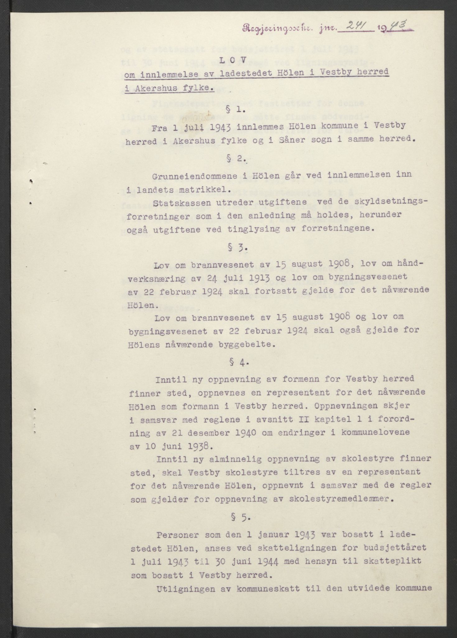 NS-administrasjonen 1940-1945 (Statsrådsekretariatet, de kommisariske statsråder mm), AV/RA-S-4279/D/Db/L0099: Lover, 1943, p. 484