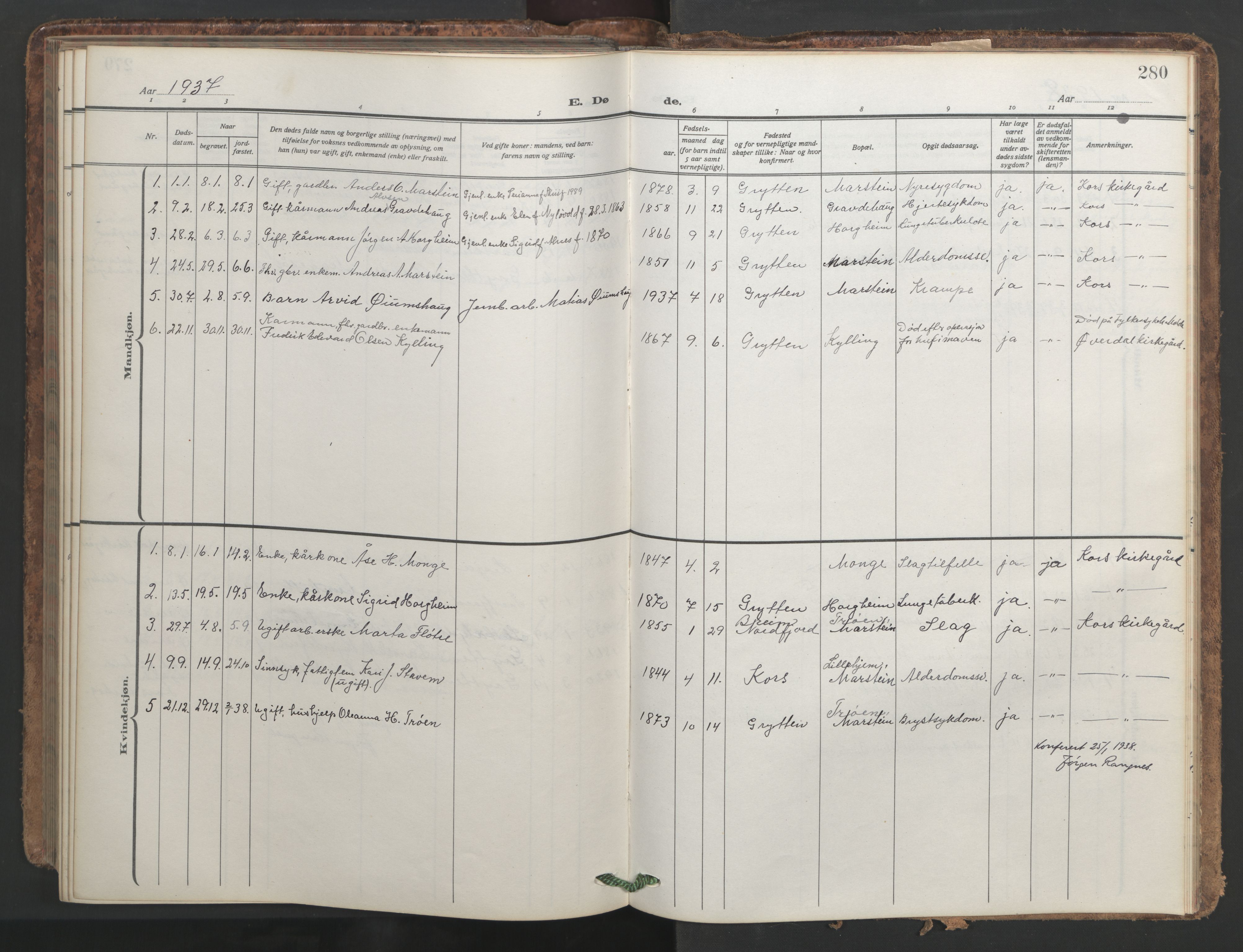 Ministerialprotokoller, klokkerbøker og fødselsregistre - Møre og Romsdal, SAT/A-1454/546/L0597: Parish register (copy) no. 546C03, 1921-1959, p. 280