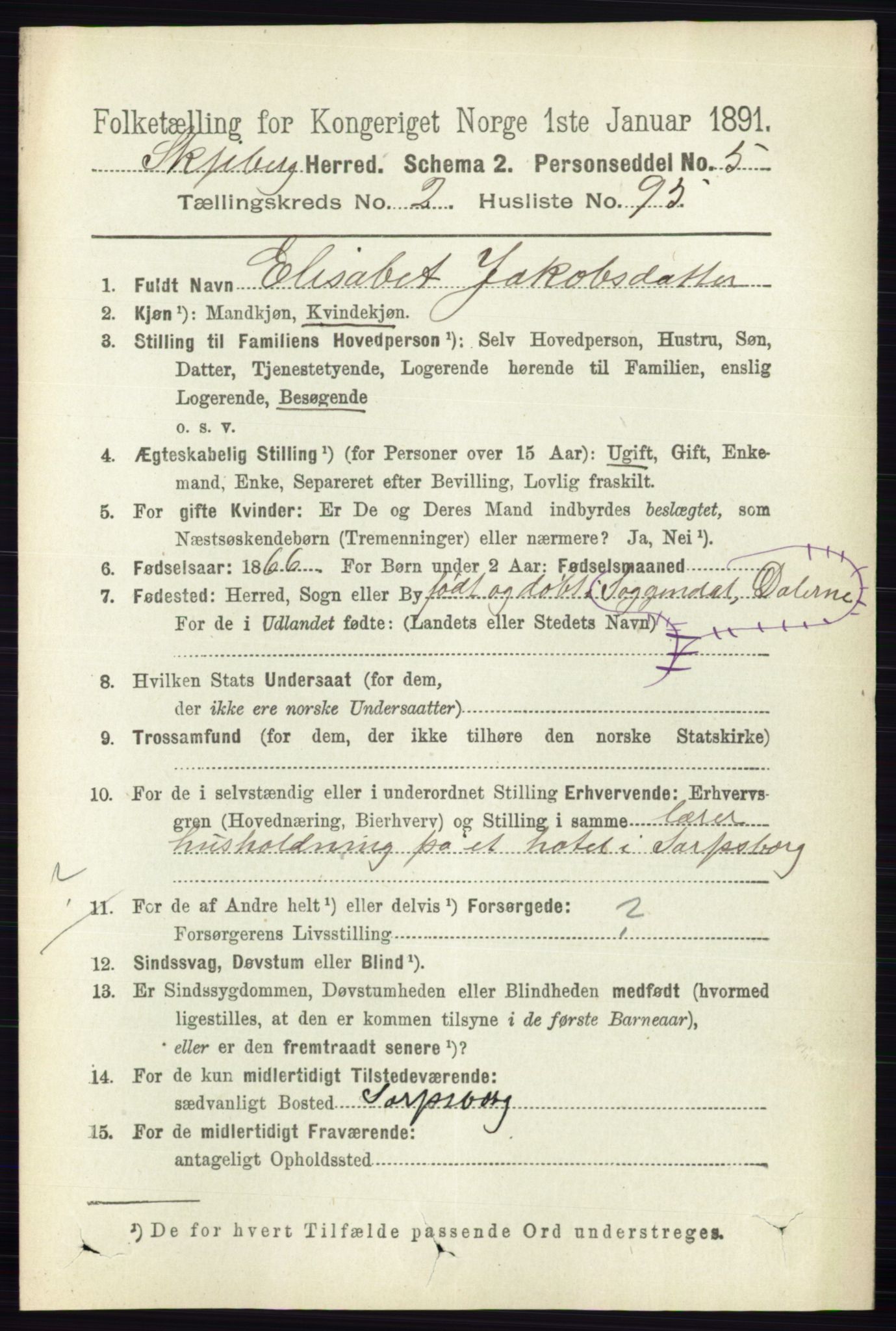 RA, 1891 census for 0115 Skjeberg, 1891, p. 1426