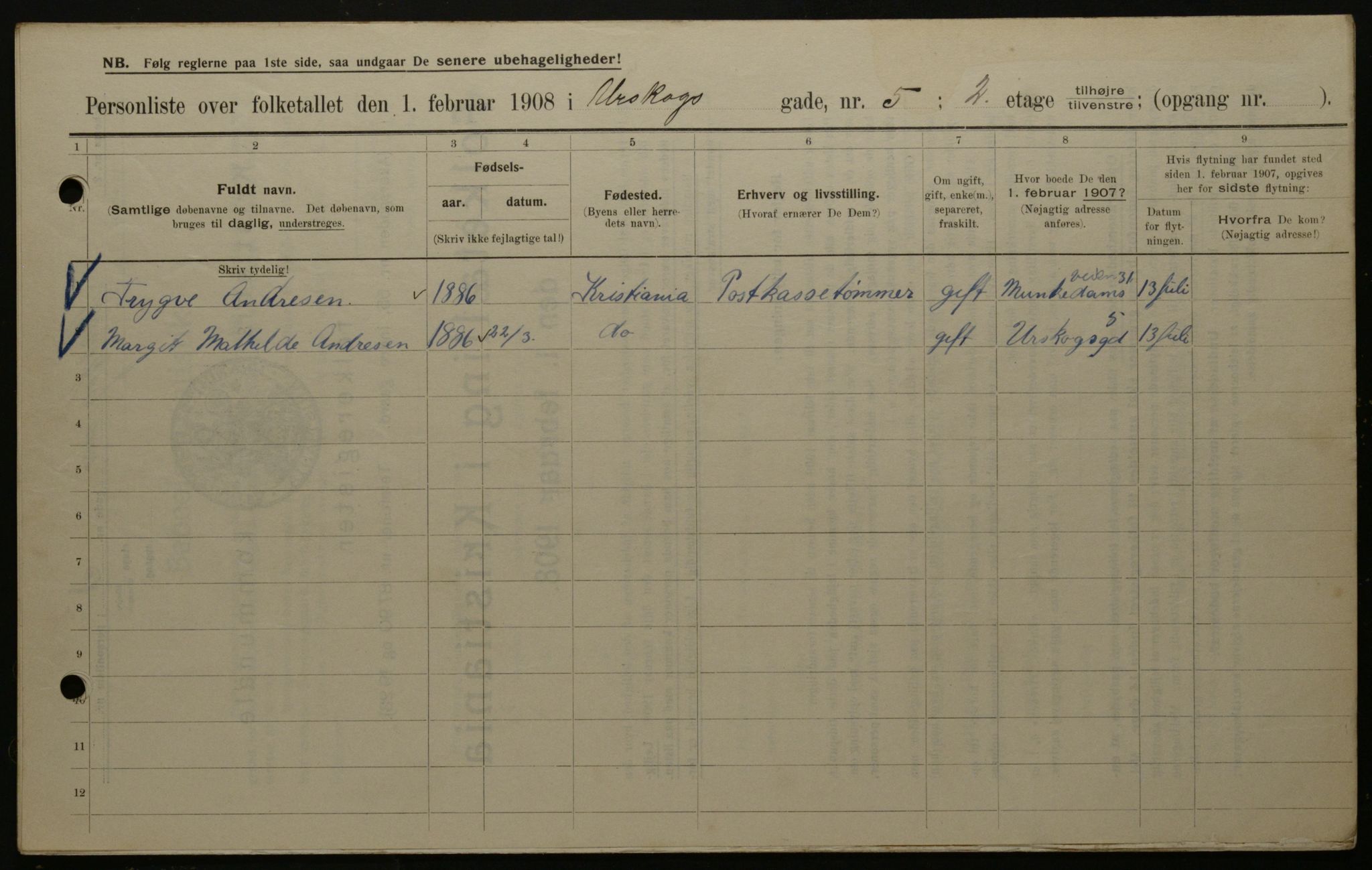 OBA, Municipal Census 1908 for Kristiania, 1908, p. 2650