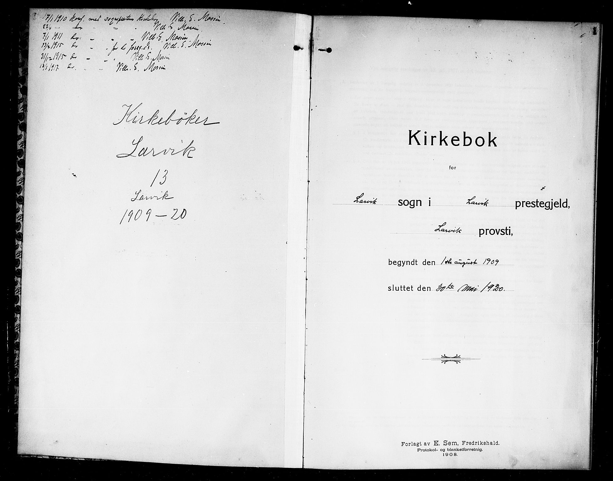 Larvik kirkebøker, SAKO/A-352/G/Ga/L0008: Parish register (copy) no. I 8, 1909-1920, p. 1