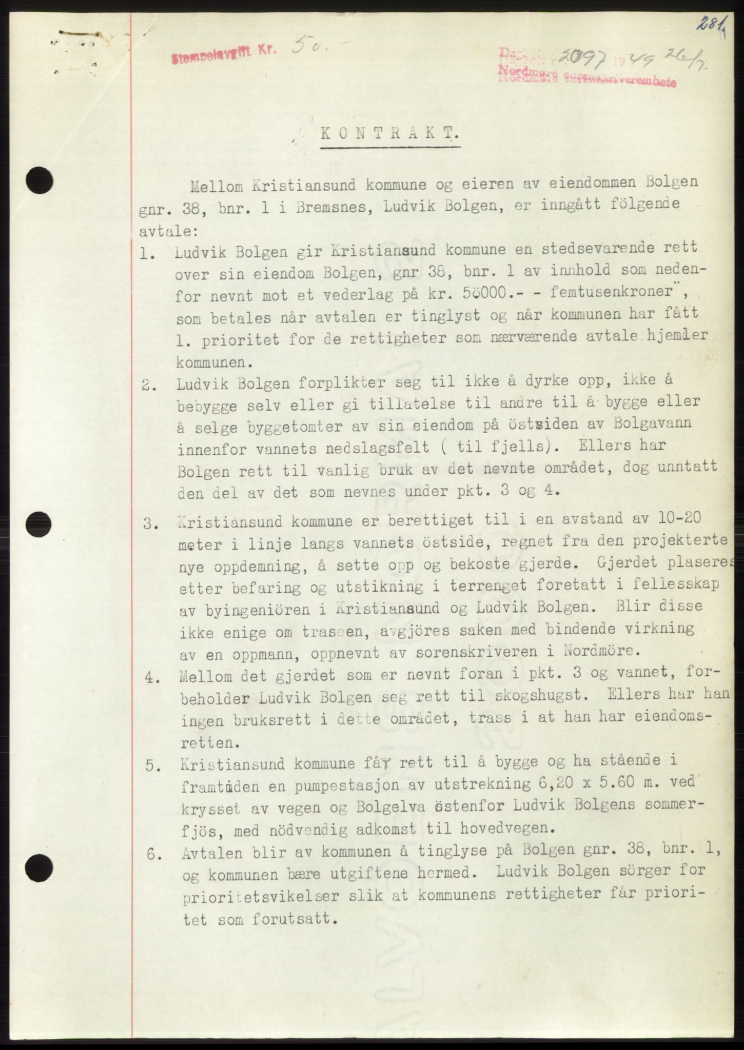 Nordmøre sorenskriveri, AV/SAT-A-4132/1/2/2Ca: Mortgage book no. B102, 1949-1949, Diary no: : 2097/1949