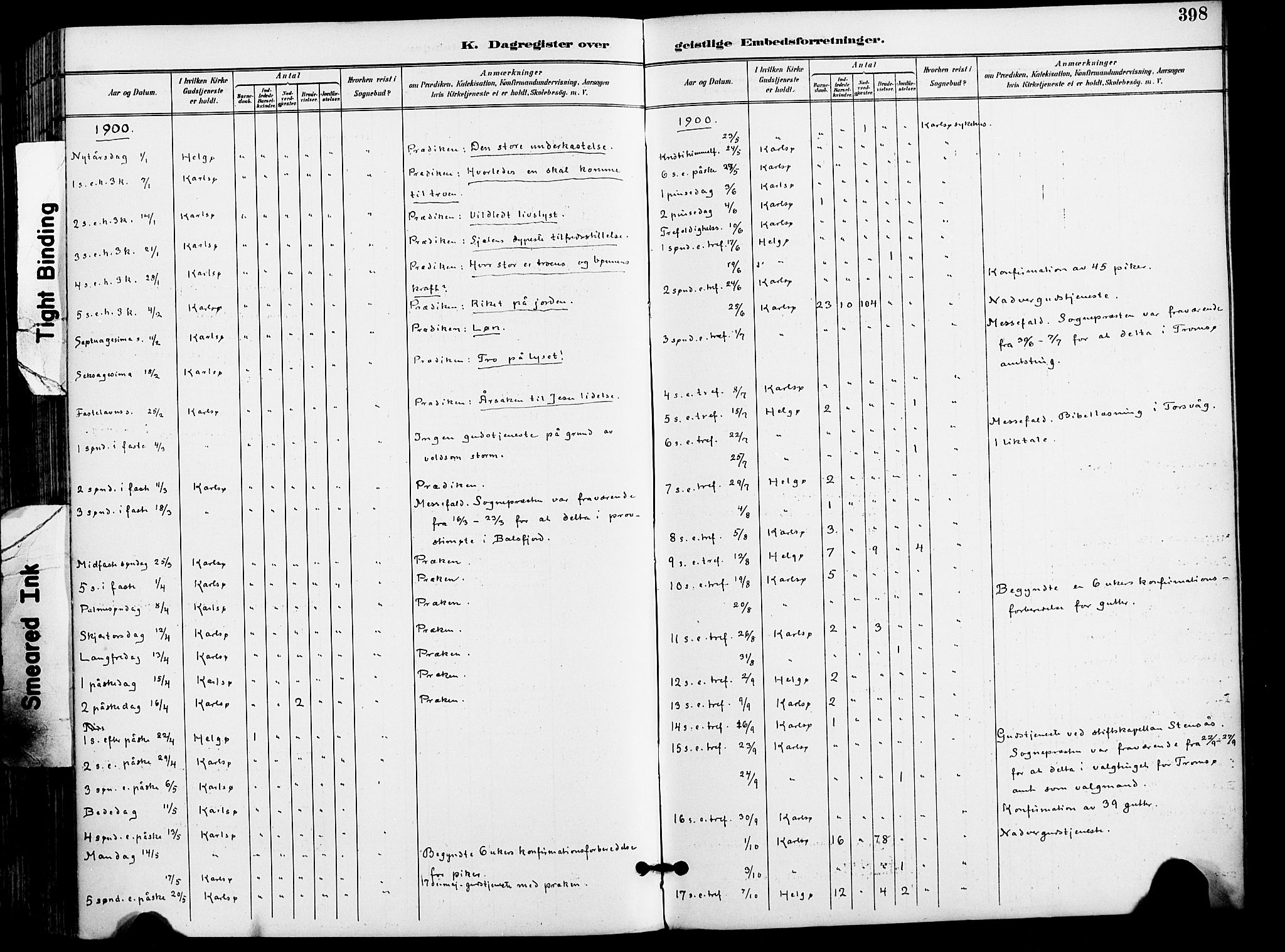 Karlsøy sokneprestembete, AV/SATØ-S-1299/H/Ha/Haa/L0007kirke: Parish register (official) no. 7, 1891-1902, p. 398