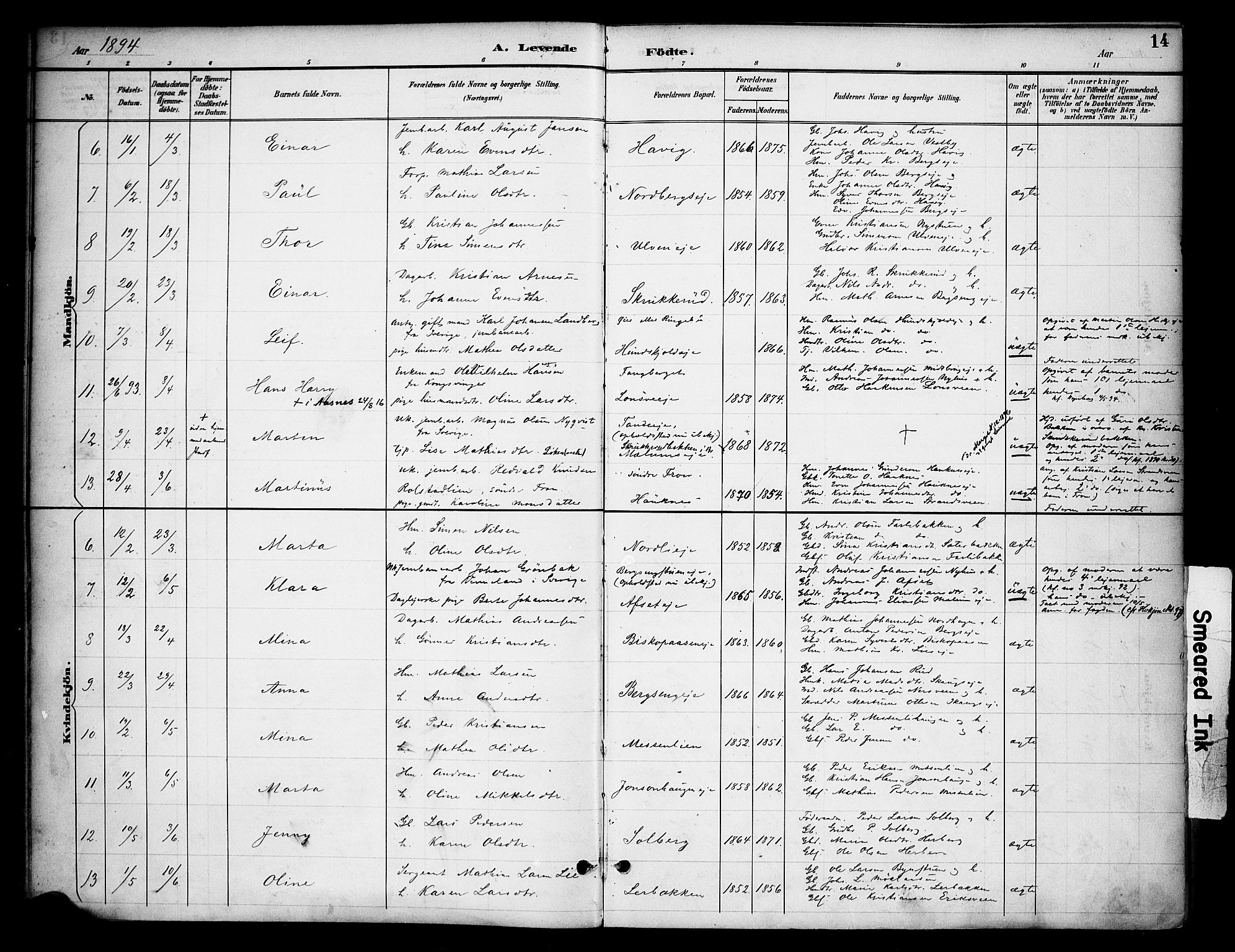 Ringsaker prestekontor, AV/SAH-PREST-014/K/Ka/L0015: Parish register (official) no. 15, 1891-1904, p. 14