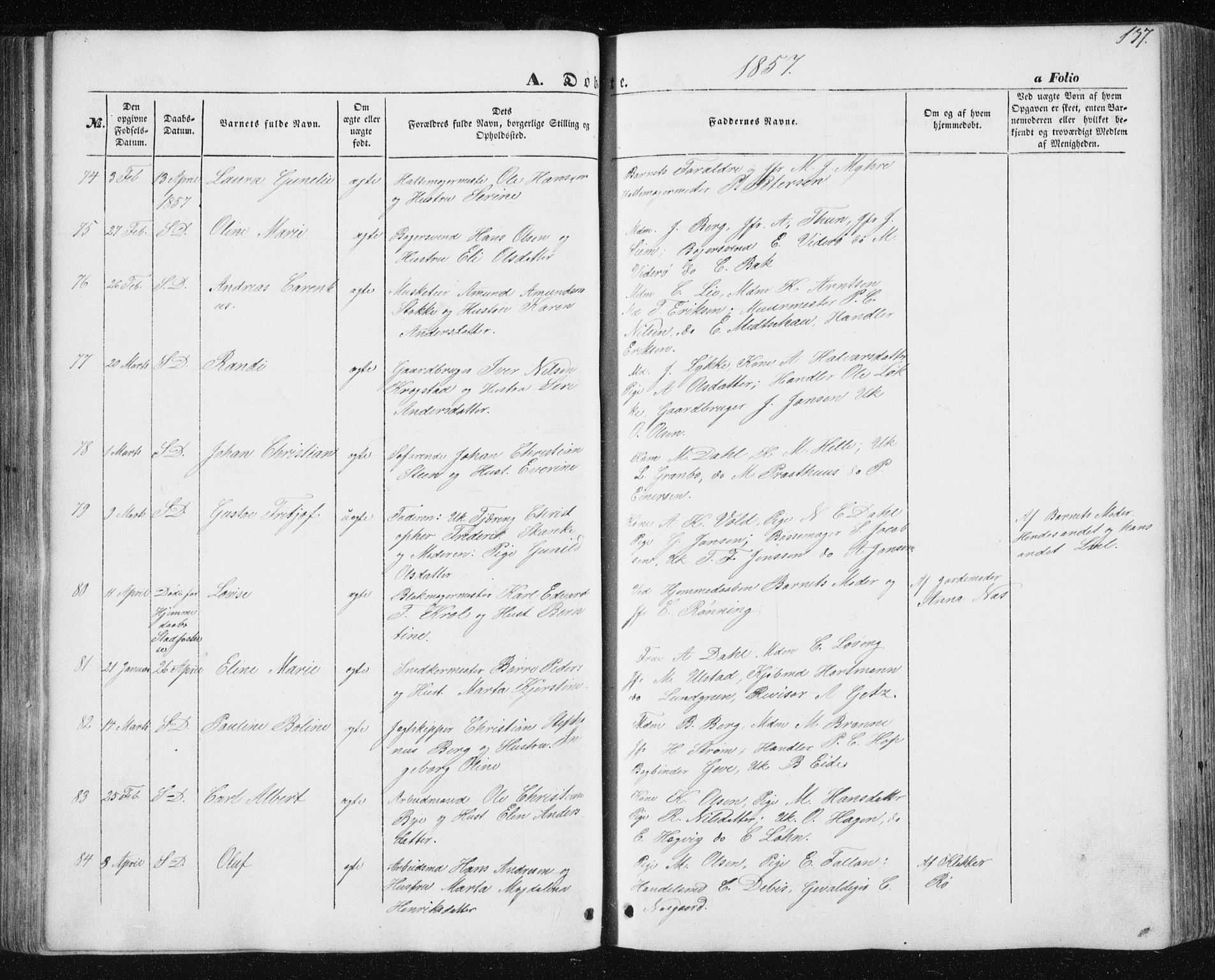 Ministerialprotokoller, klokkerbøker og fødselsregistre - Sør-Trøndelag, AV/SAT-A-1456/602/L0112: Parish register (official) no. 602A10, 1848-1859, p. 137