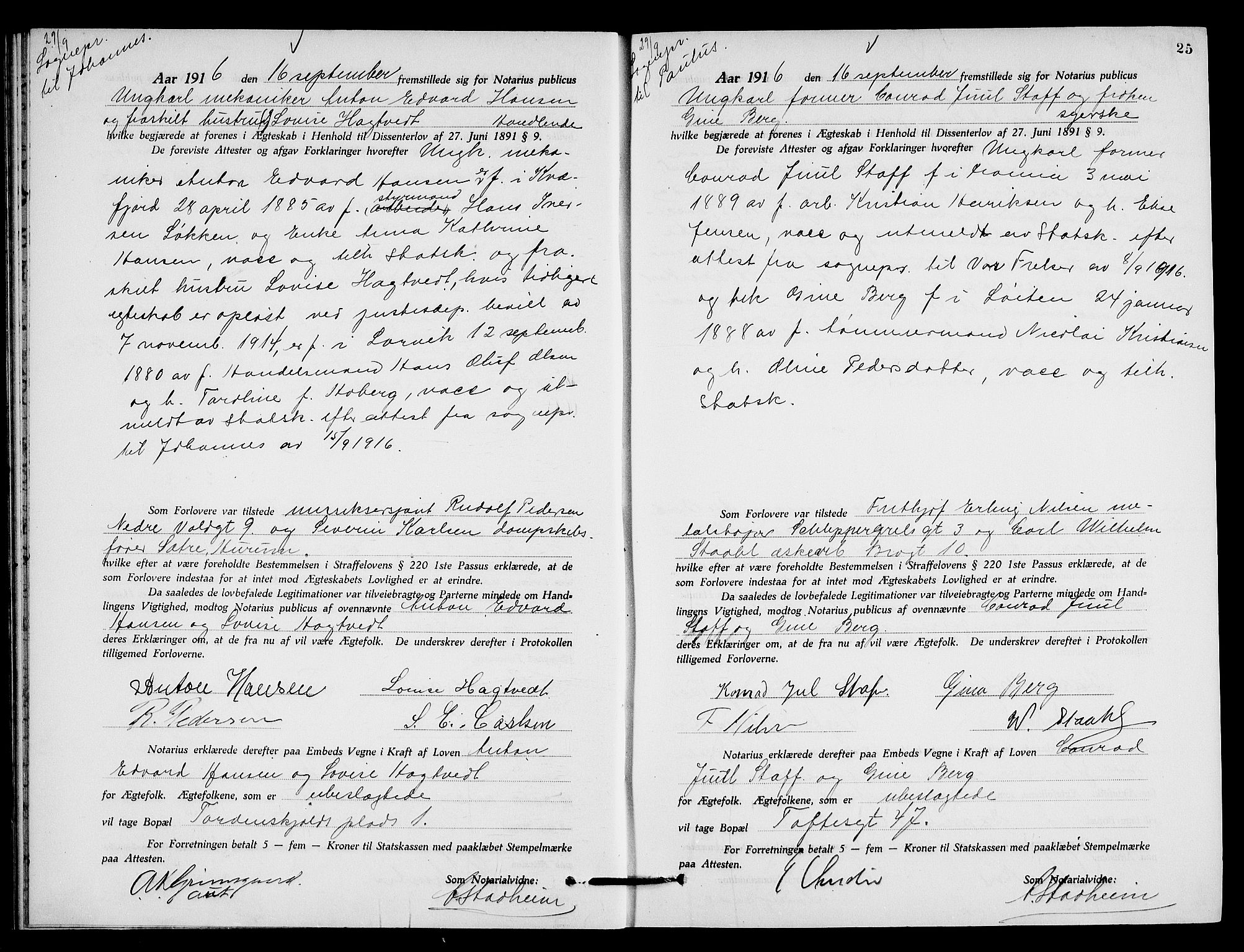 Oslo byfogd avd. I, AV/SAO-A-10220/L/Lb/Lbb/L0011: Notarialprotokoll, rekke II: Vigsler, 1916-1918, p. 24b-25a