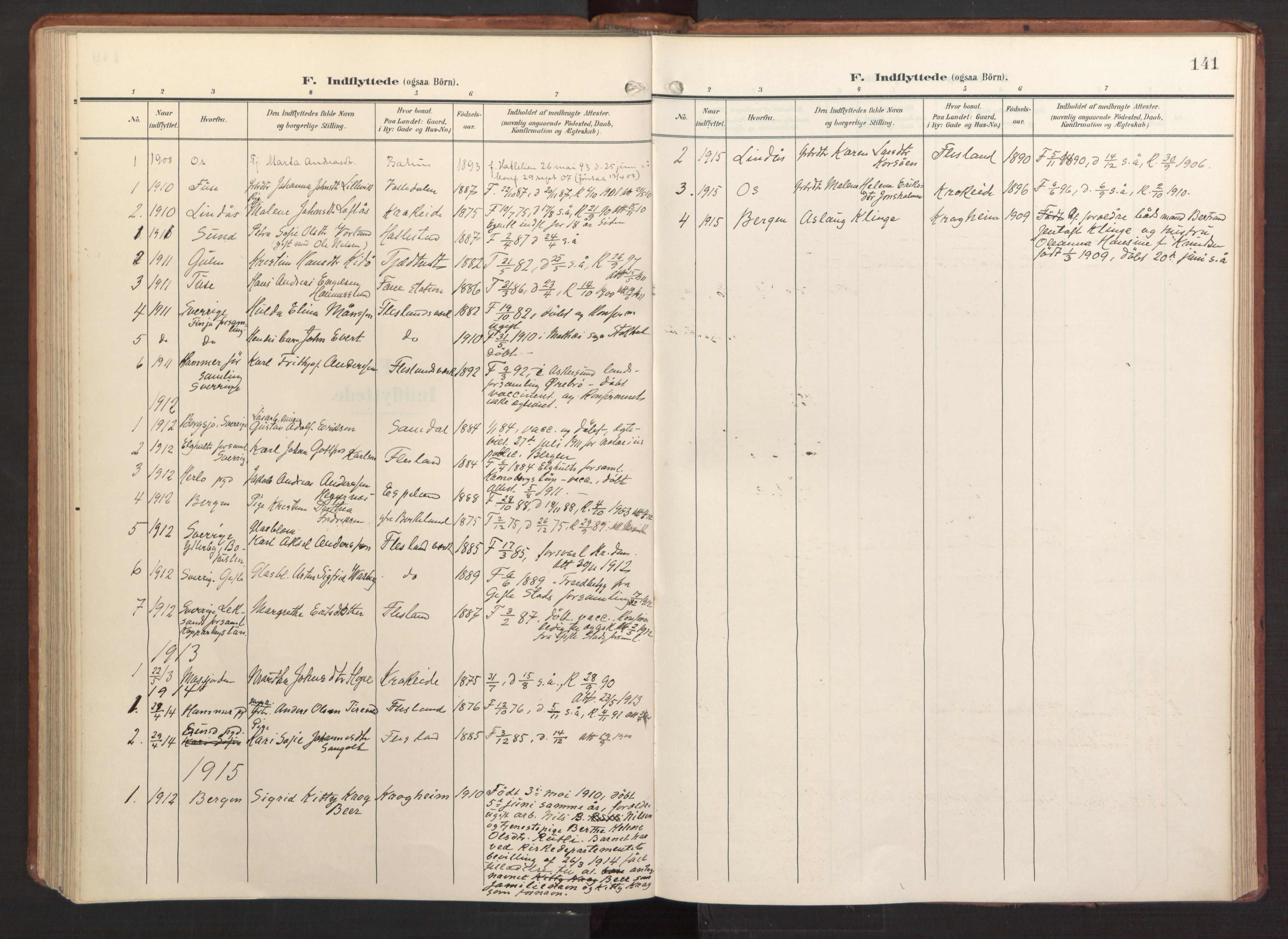 Fana Sokneprestembete, SAB/A-75101/H/Haa/Haab/L0004: Parish register (official) no. B 4, 1908-1915, p. 141
