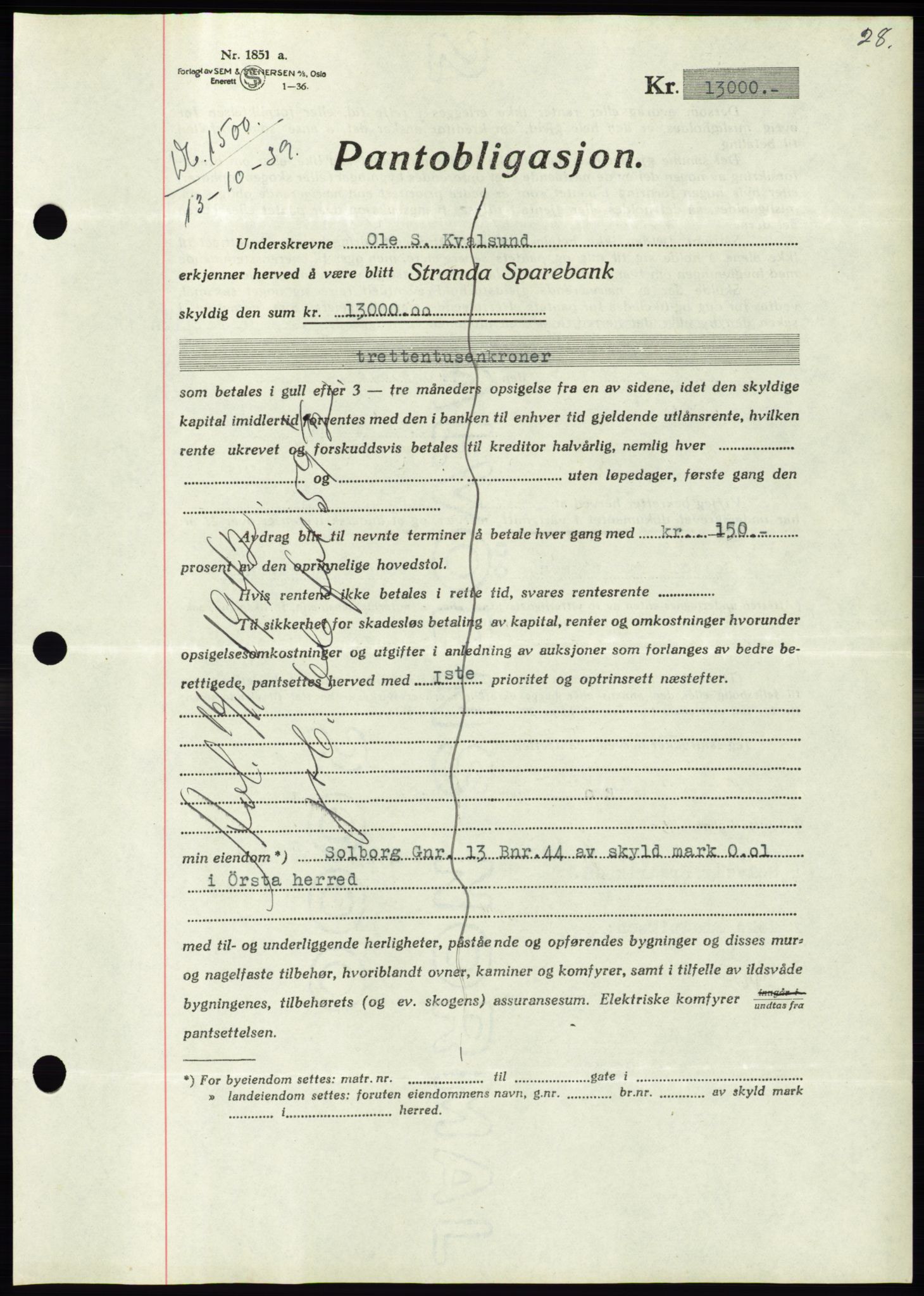 Søre Sunnmøre sorenskriveri, AV/SAT-A-4122/1/2/2C/L0069: Mortgage book no. 63, 1939-1940, Diary no: : 1500/1939