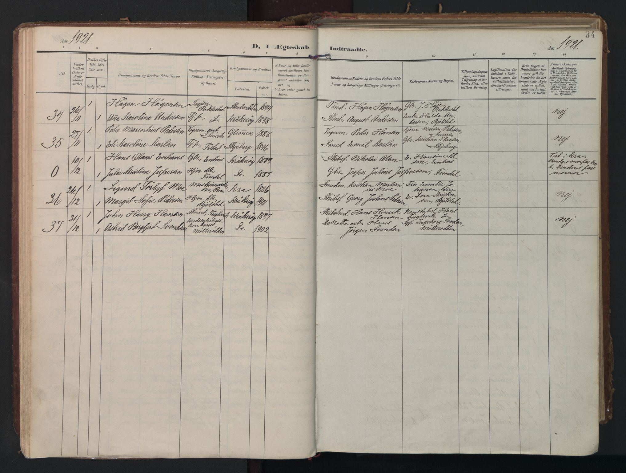 Kråkerøy prestekontor Kirkebøker, AV/SAO-A-10912/F/Fa/L0004: Parish register (official) no. 4, 1908-1965, p. 34
