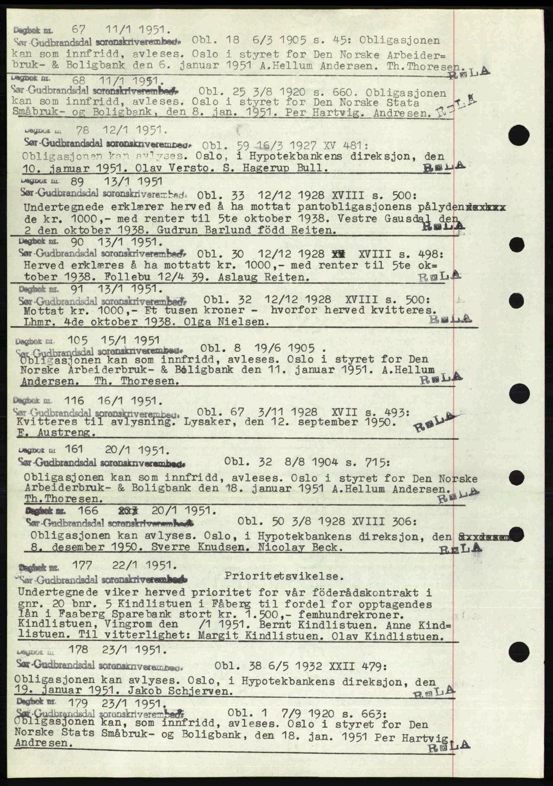 Sør-Gudbrandsdal tingrett, SAH/TING-004/H/Hb/Hbf/L0002: Mortgage book no. C1, 1938-1951, Diary no: : 67/1951