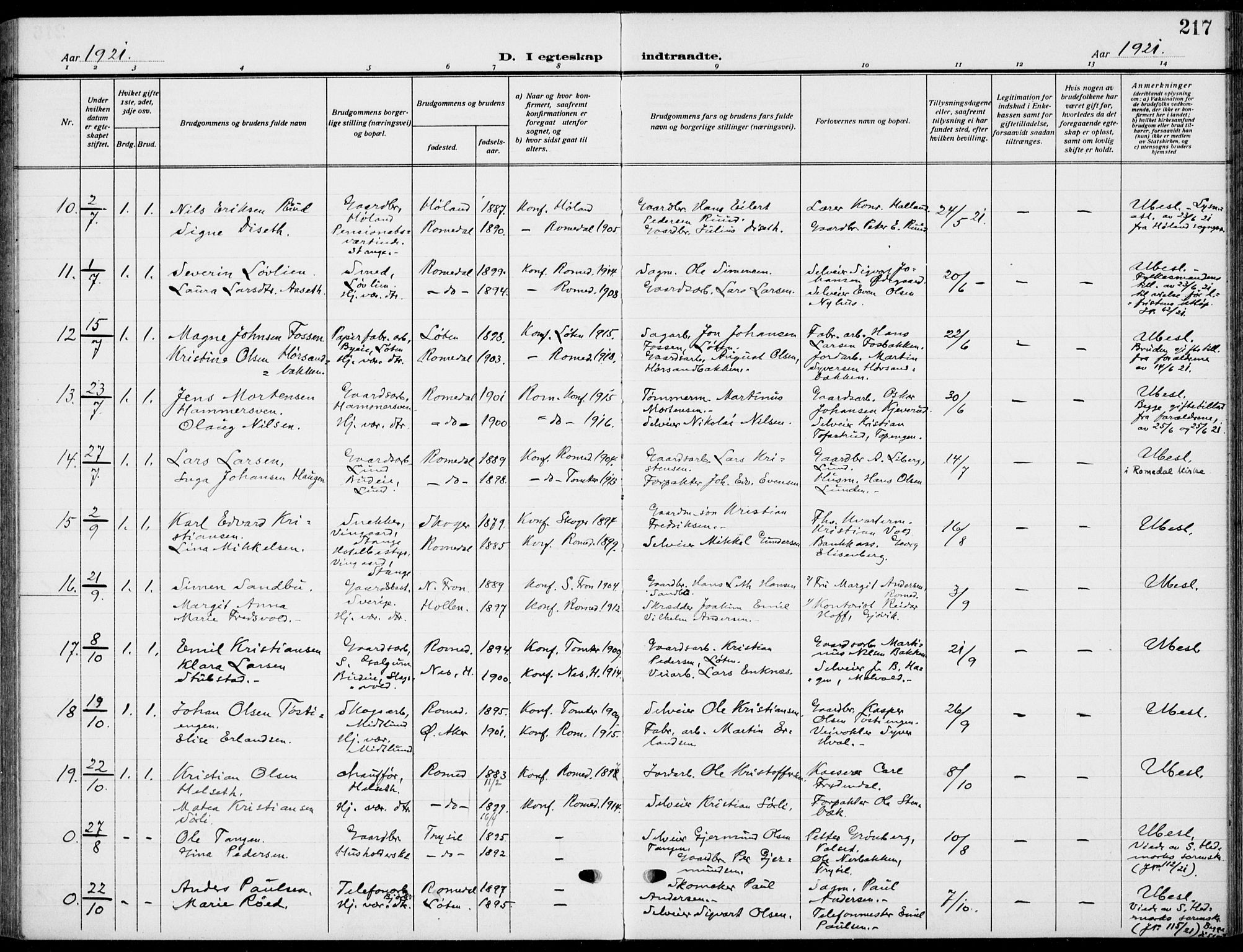 Romedal prestekontor, SAH/PREST-004/K/L0012: Parish register (official) no. 12, 1913-1935, p. 217