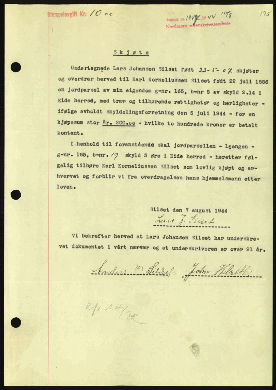 Nordmøre sorenskriveri, AV/SAT-A-4132/1/2/2Ca: Mortgage book no. A98, 1944-1944, Diary no: : 1347/1944