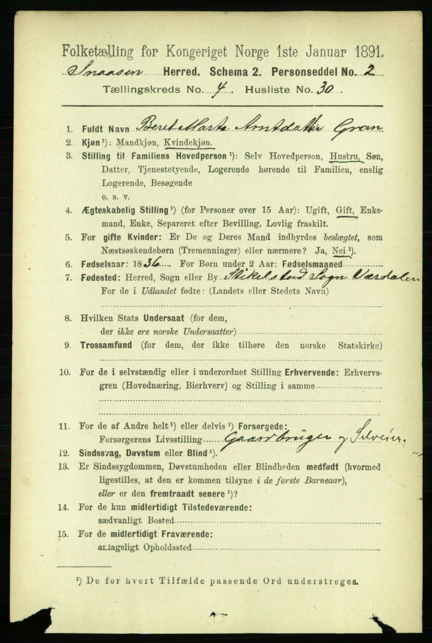 RA, 1891 census for 1736 Snåsa, 1891, p. 1268