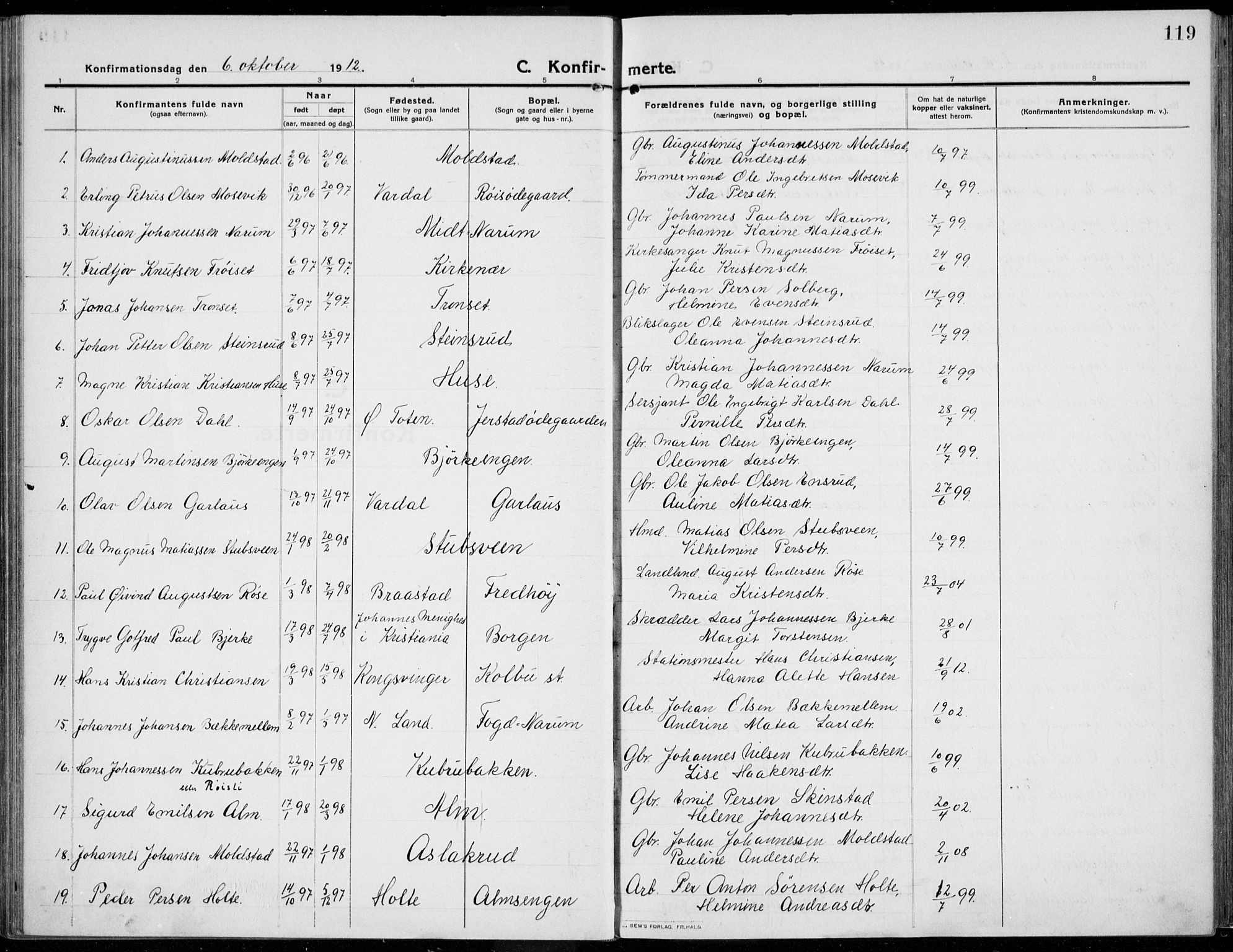 Kolbu prestekontor, SAH/PREST-110/H/Ha/Haa/L0002: Parish register (official) no. 2, 1912-1926, p. 119