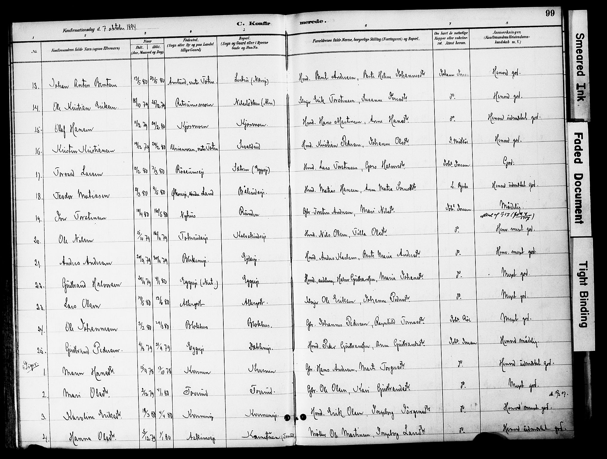 Gran prestekontor, SAH/PREST-112/H/Ha/Haa/L0020: Parish register (official) no. 20, 1889-1899, p. 99