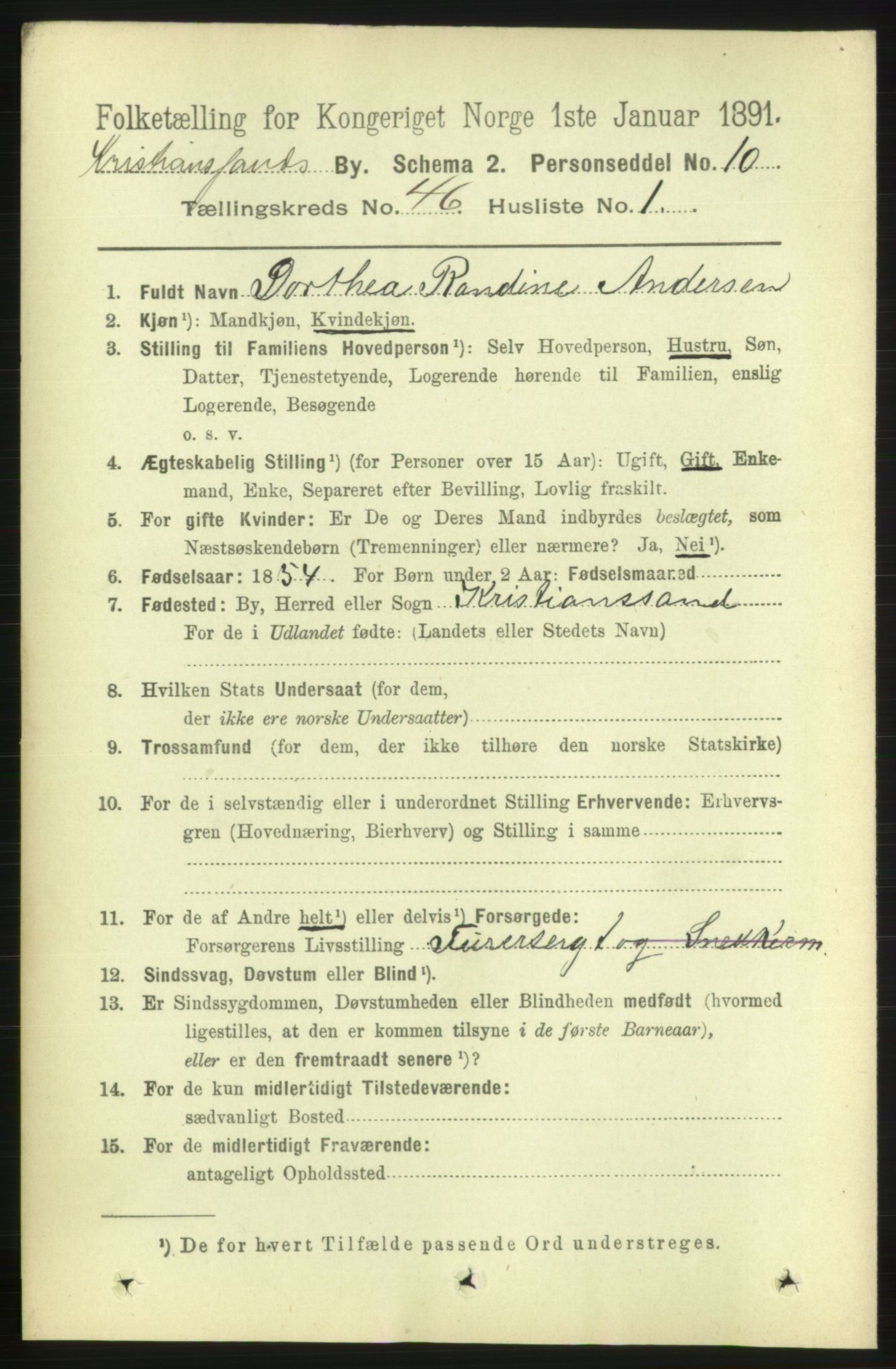 RA, 1891 census for 1001 Kristiansand, 1891, p. 14009