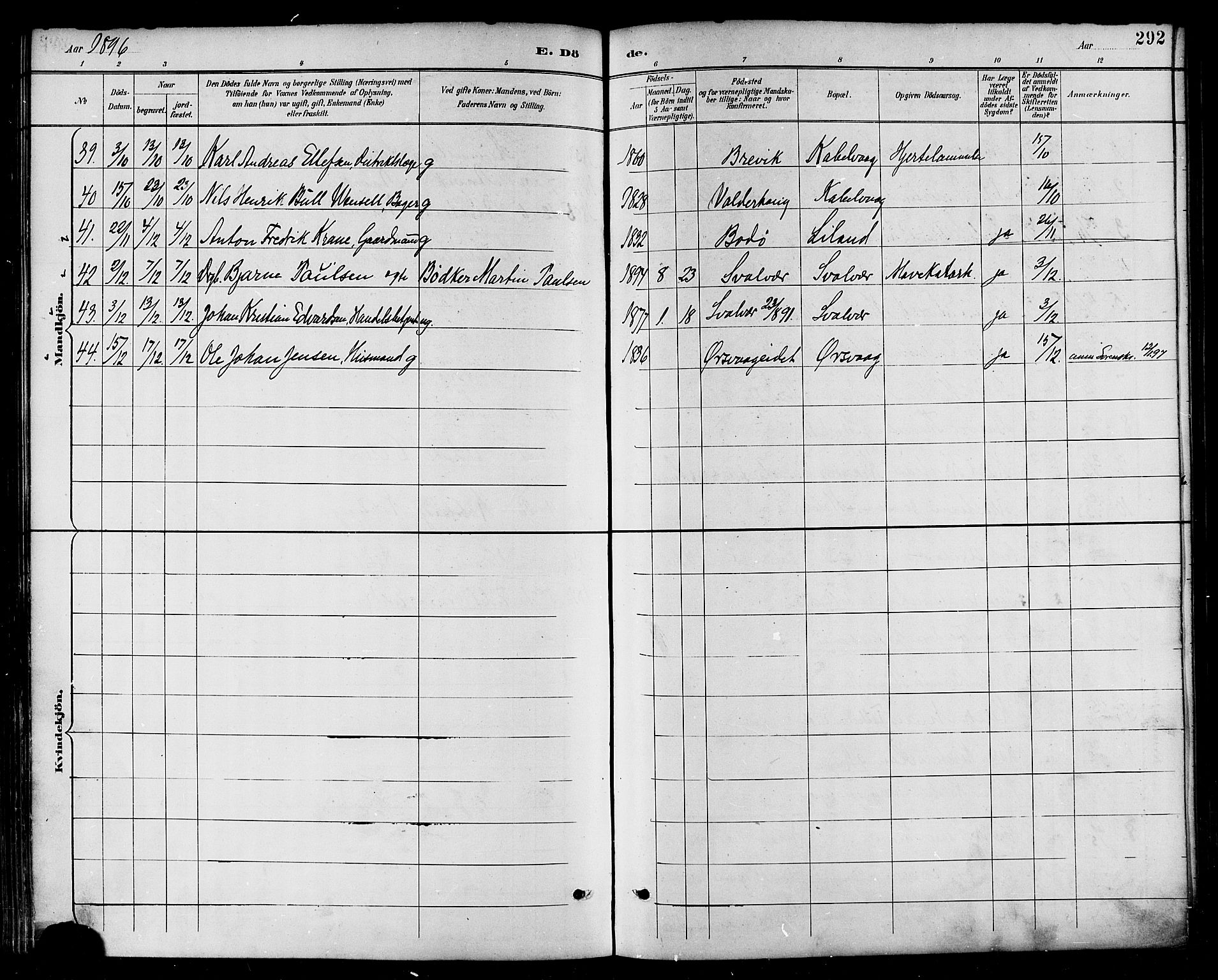 Ministerialprotokoller, klokkerbøker og fødselsregistre - Nordland, AV/SAT-A-1459/874/L1060: Parish register (official) no. 874A04, 1890-1899, p. 292