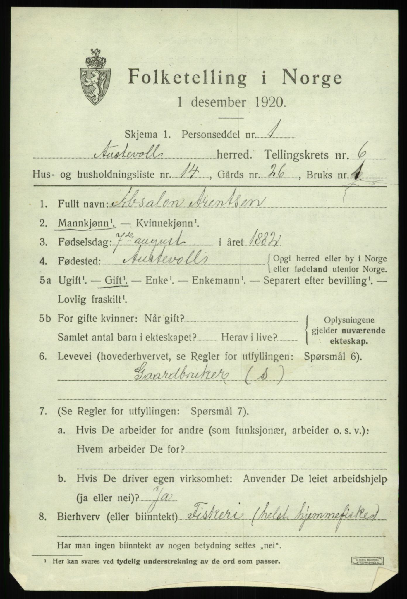 SAB, 1920 census for Austevoll, 1920, p. 3290