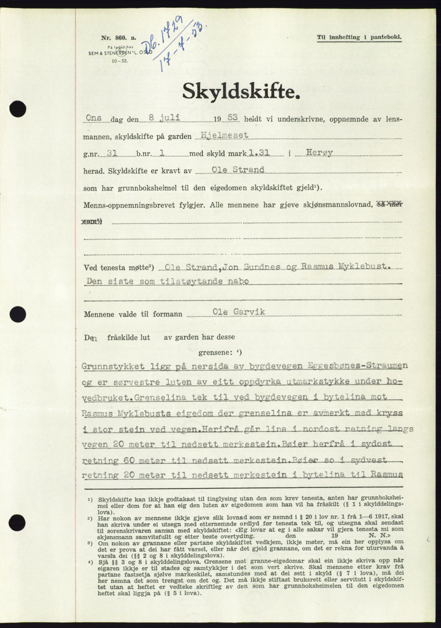 Søre Sunnmøre sorenskriveri, AV/SAT-A-4122/1/2/2C/L0095: Mortgage book no. 21A, 1953-1953, Diary no: : 1729/1953