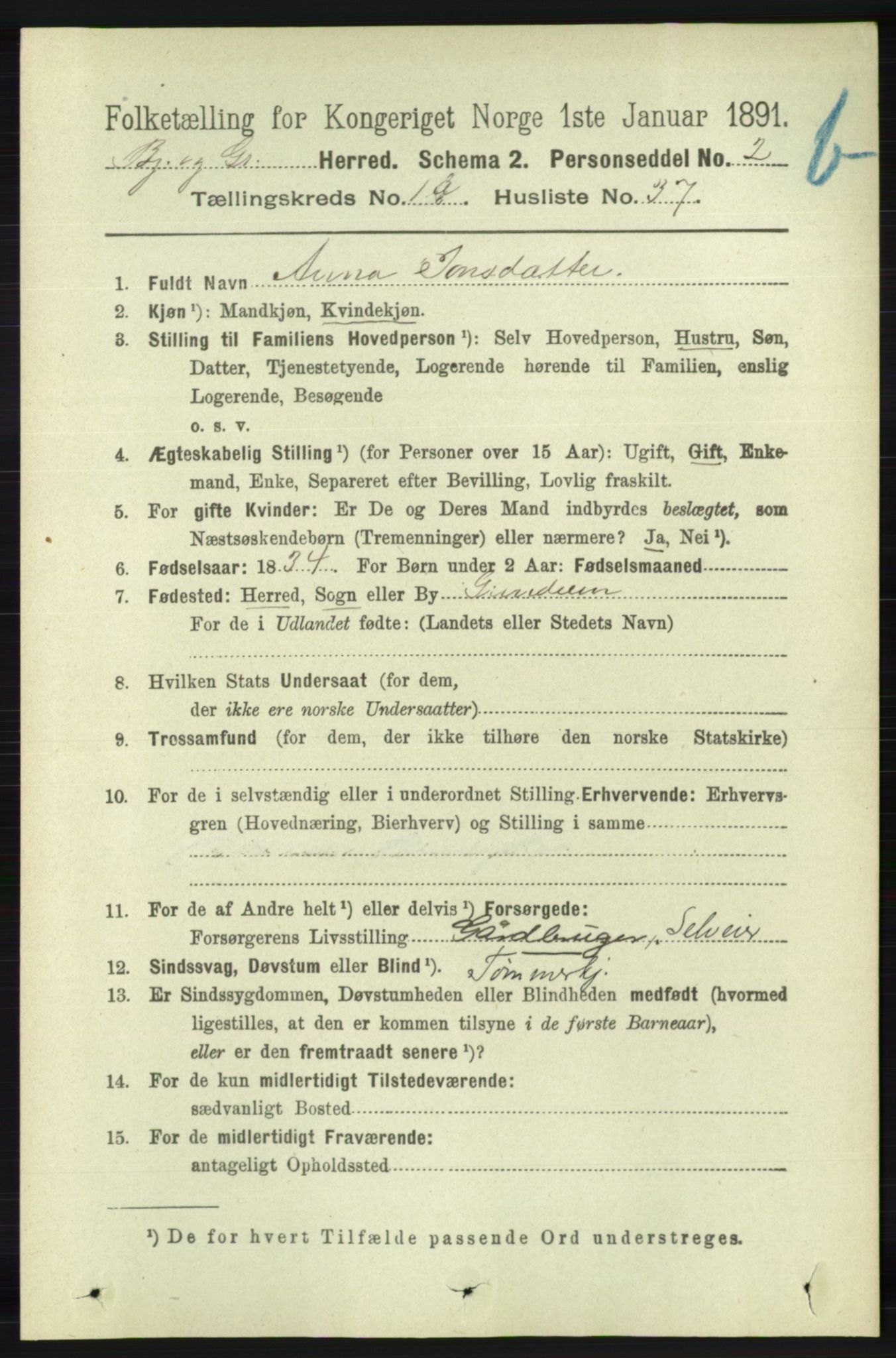 RA, 1891 census for 1024 Bjelland og Grindheim, 1891, p. 973