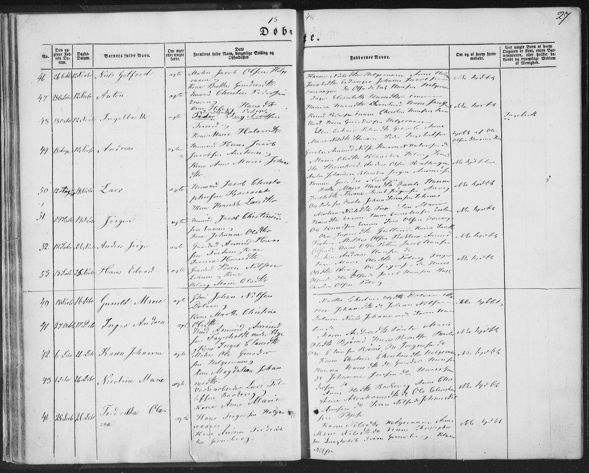 Brunlanes kirkebøker, AV/SAKO-A-342/F/Fa/L0004: Parish register (official) no. I 4, 1846-1862, p. 27