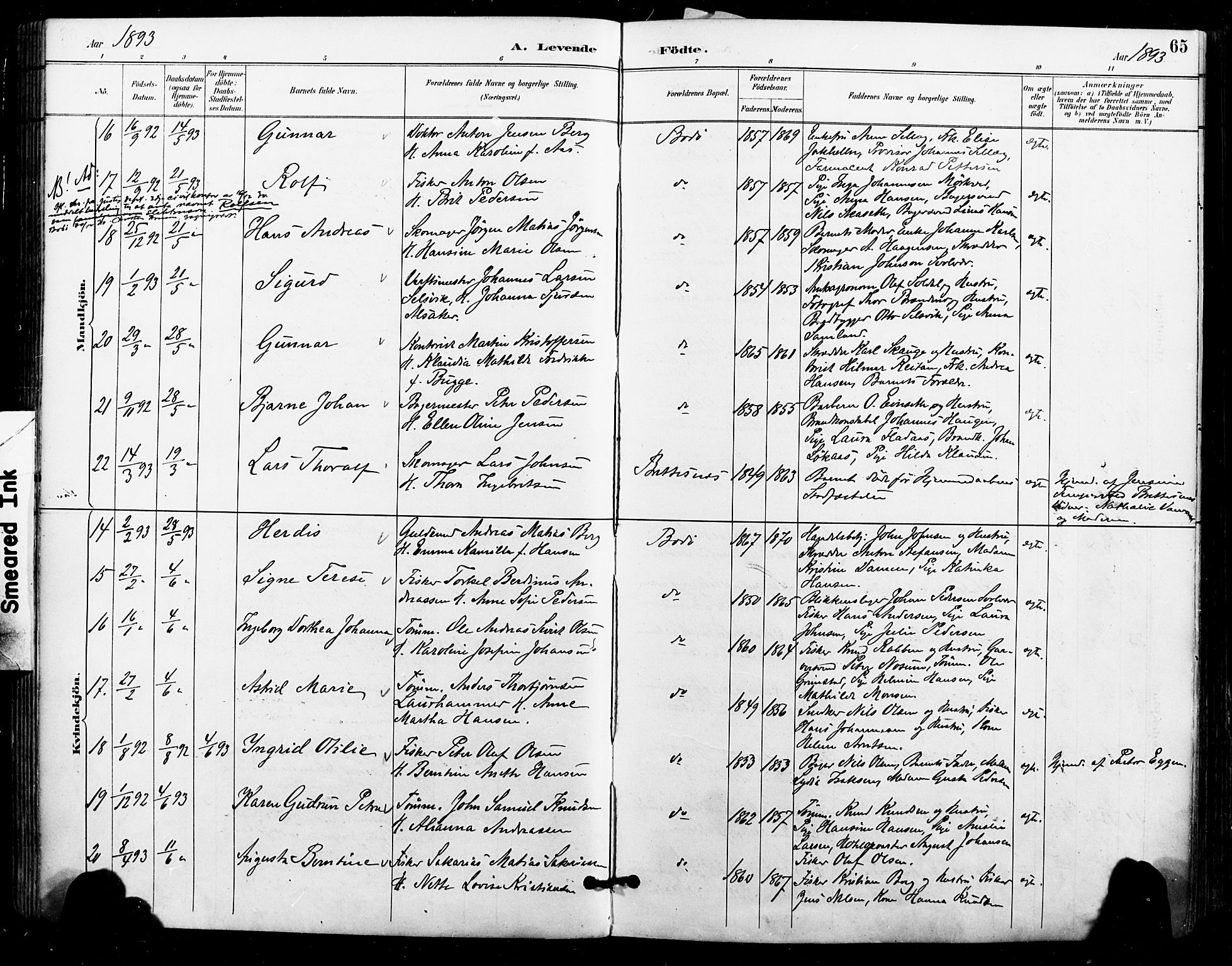 Ministerialprotokoller, klokkerbøker og fødselsregistre - Nordland, AV/SAT-A-1459/801/L0010: Parish register (official) no. 801A10, 1888-1899, p. 65