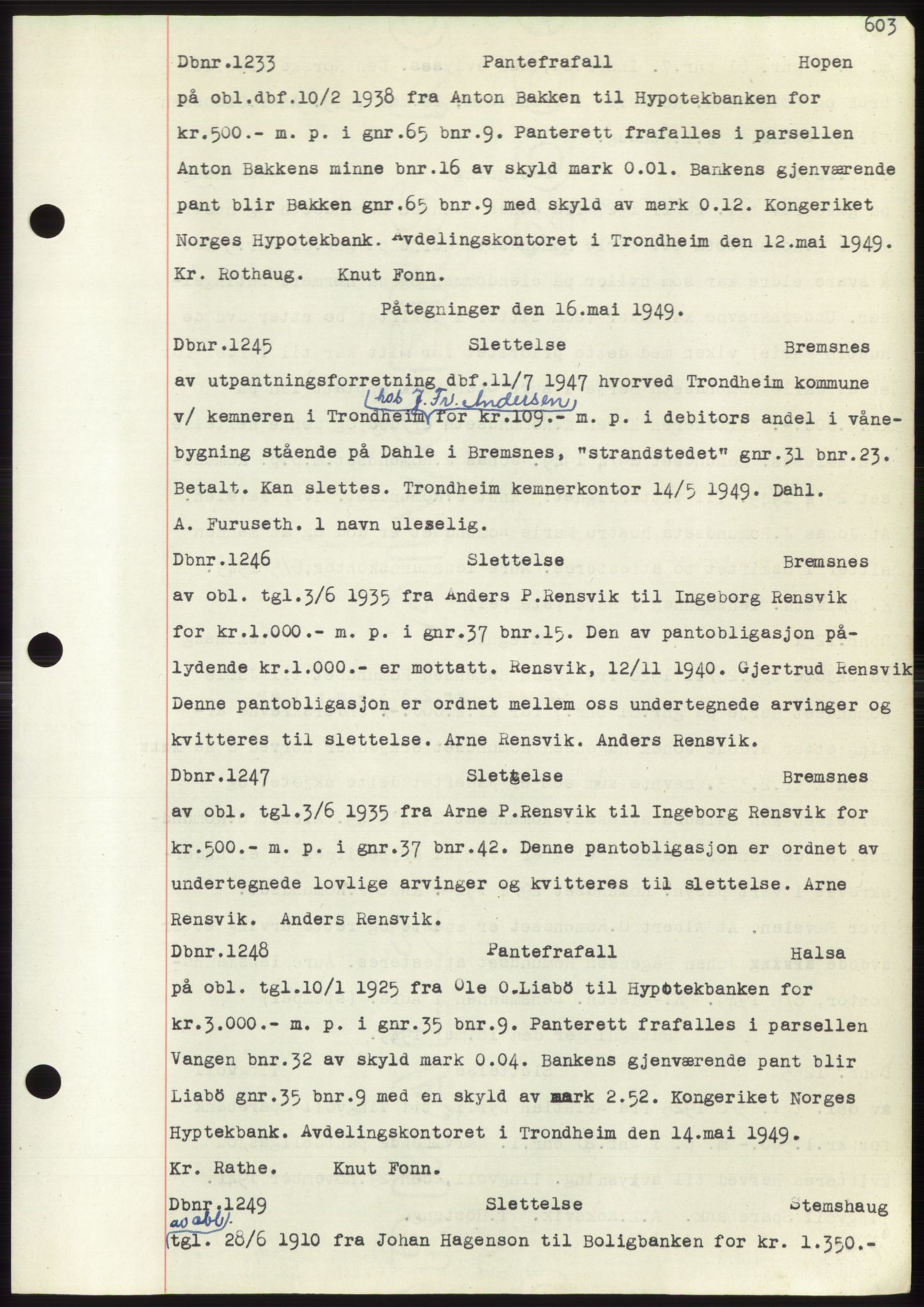 Nordmøre sorenskriveri, SAT/A-4132/1/2/2Ca: Mortgage book no. C82b, 1946-1951, Diary no: : 1233/1949