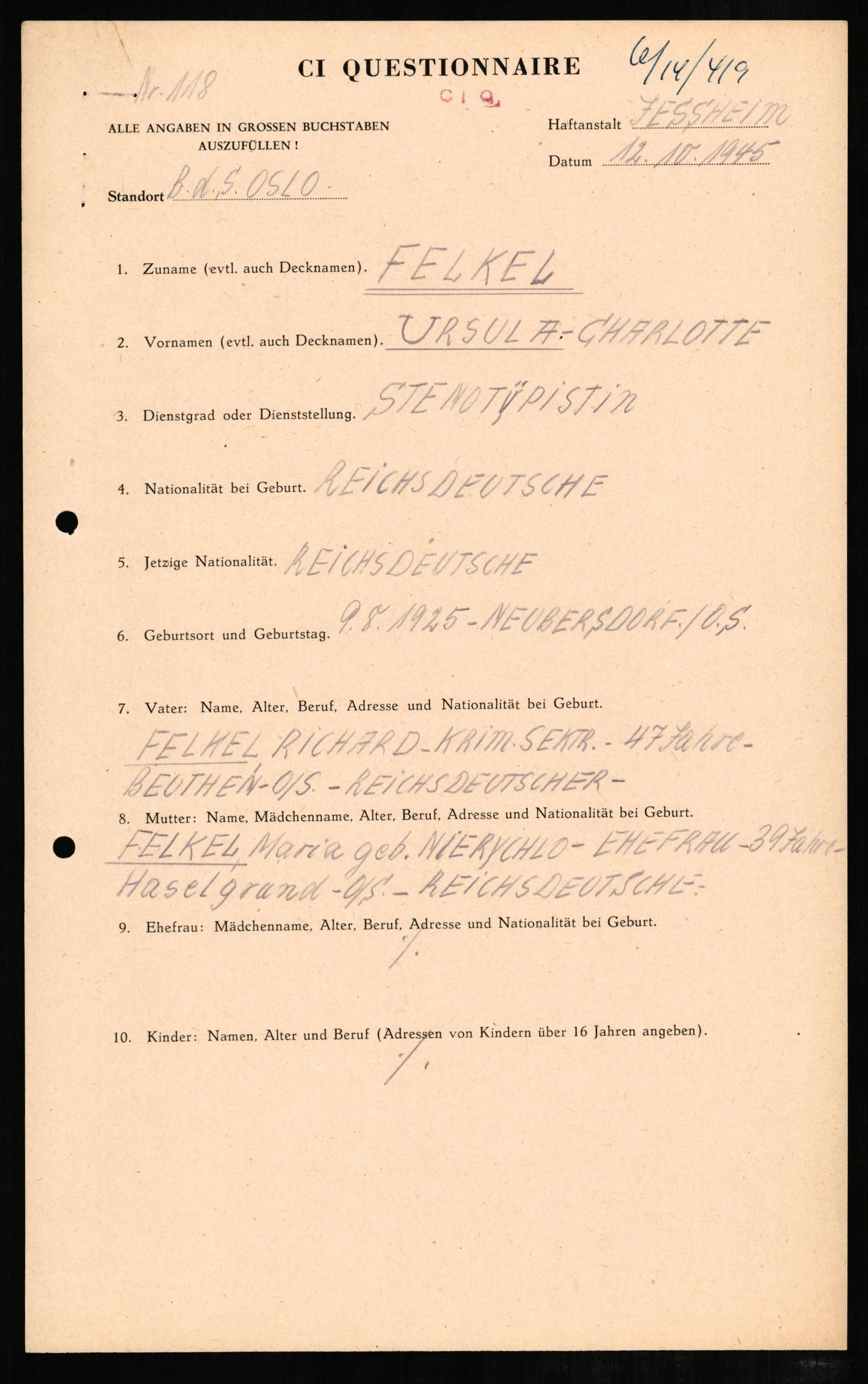 Forsvaret, Forsvarets overkommando II, AV/RA-RAFA-3915/D/Db/L0008: CI Questionaires. Tyske okkupasjonsstyrker i Norge. Tyskere., 1945-1946, p. 43