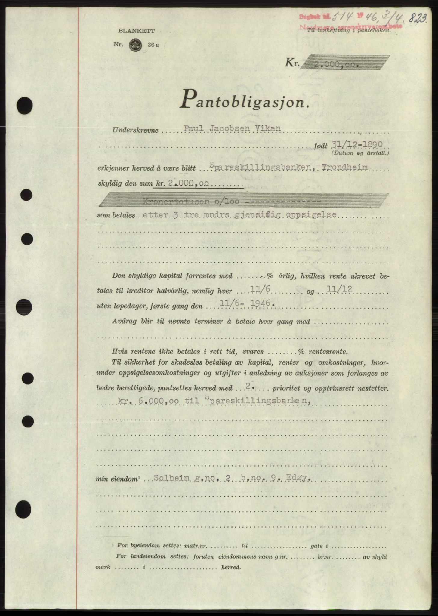 Nordmøre sorenskriveri, AV/SAT-A-4132/1/2/2Ca: Mortgage book no. B93b, 1946-1946, Diary no: : 514/1946