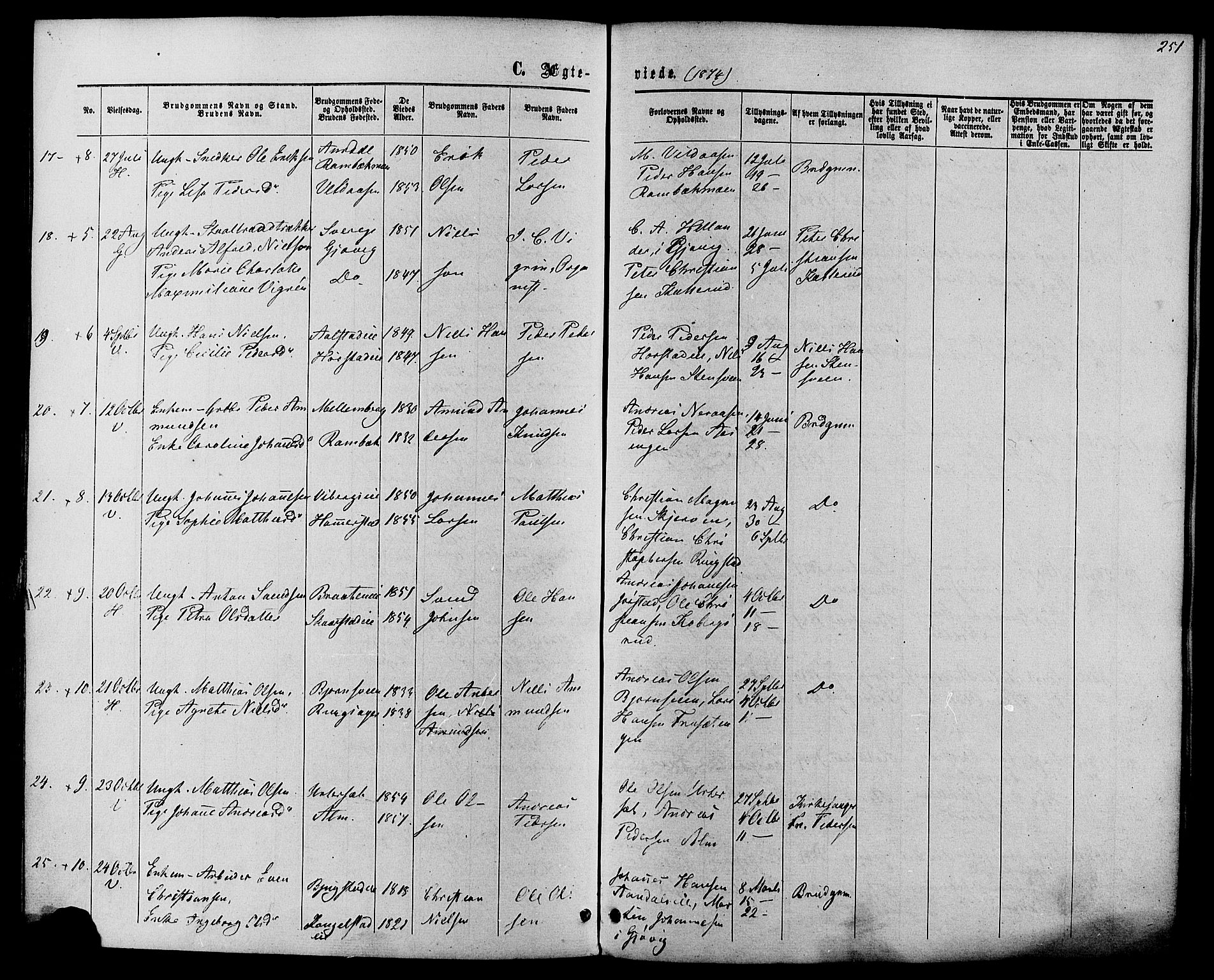 Vardal prestekontor, AV/SAH-PREST-100/H/Ha/Haa/L0007: Parish register (official) no. 7, 1867-1878, p. 251