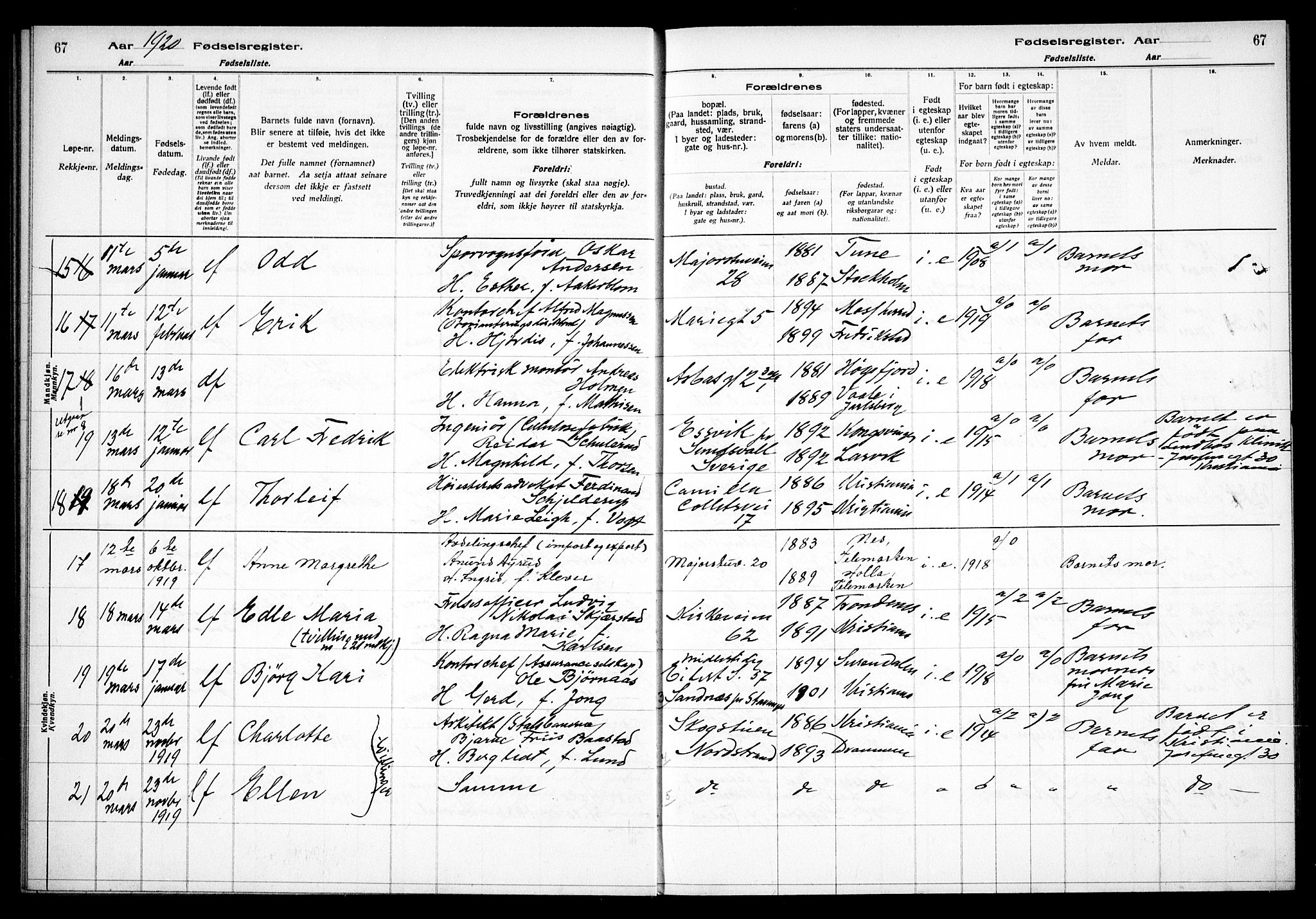 Uranienborg prestekontor Kirkebøker, AV/SAO-A-10877/J/Ja/L0001: Birth register no. 1, 1916-1930, p. 67