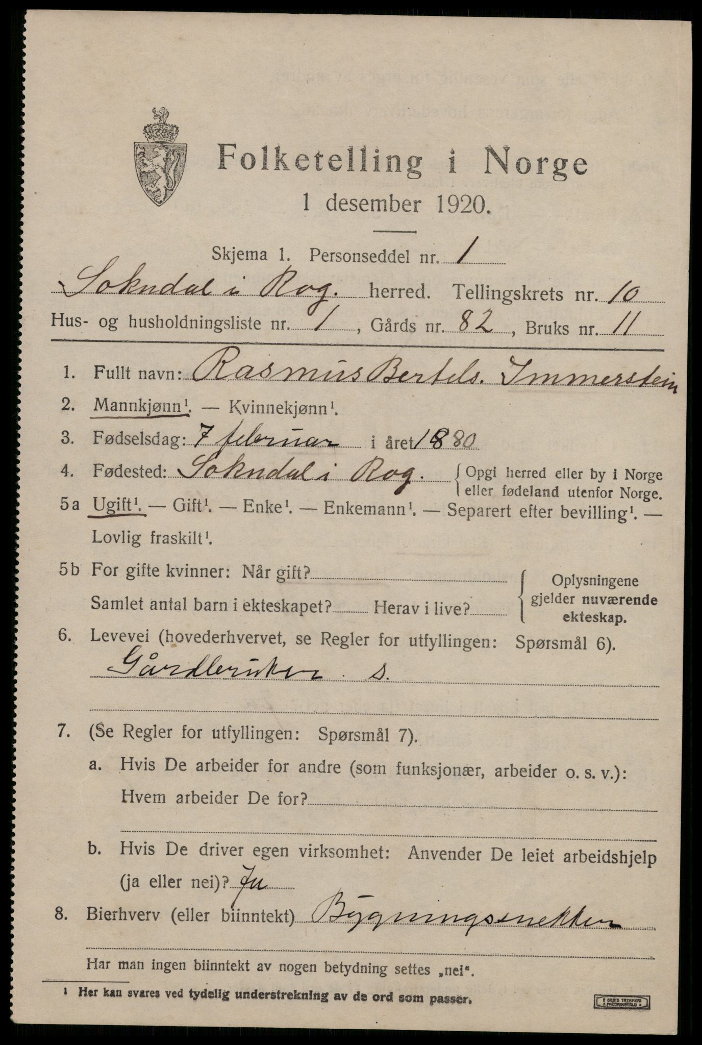 SAST, 1920 census for Sokndal, 1920, p. 5719