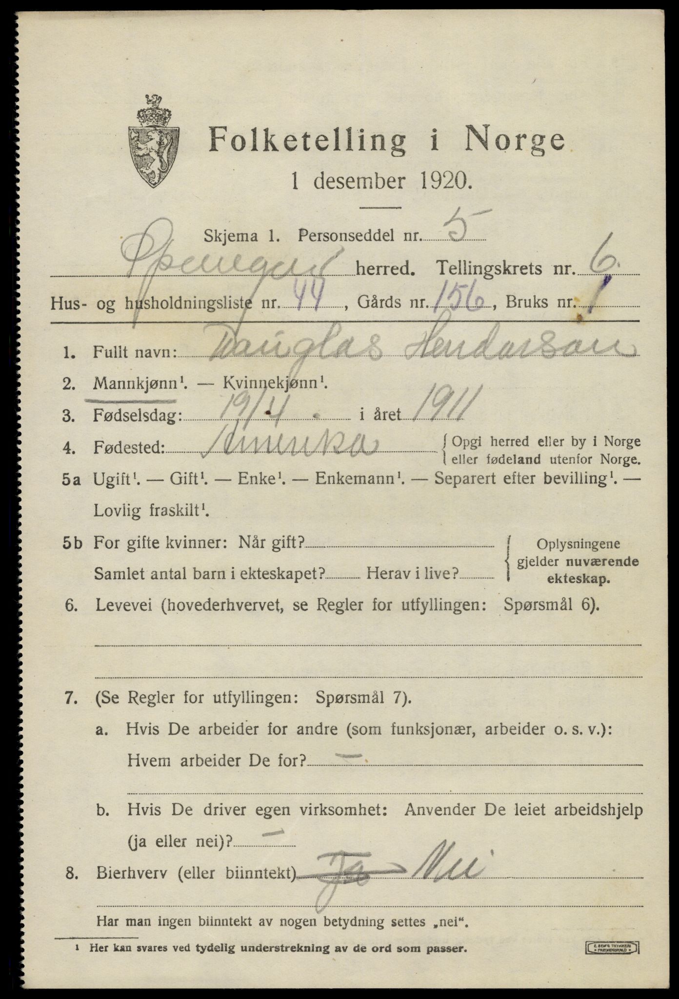 SAK, 1920 census for Spangereid, 1920, p. 2557