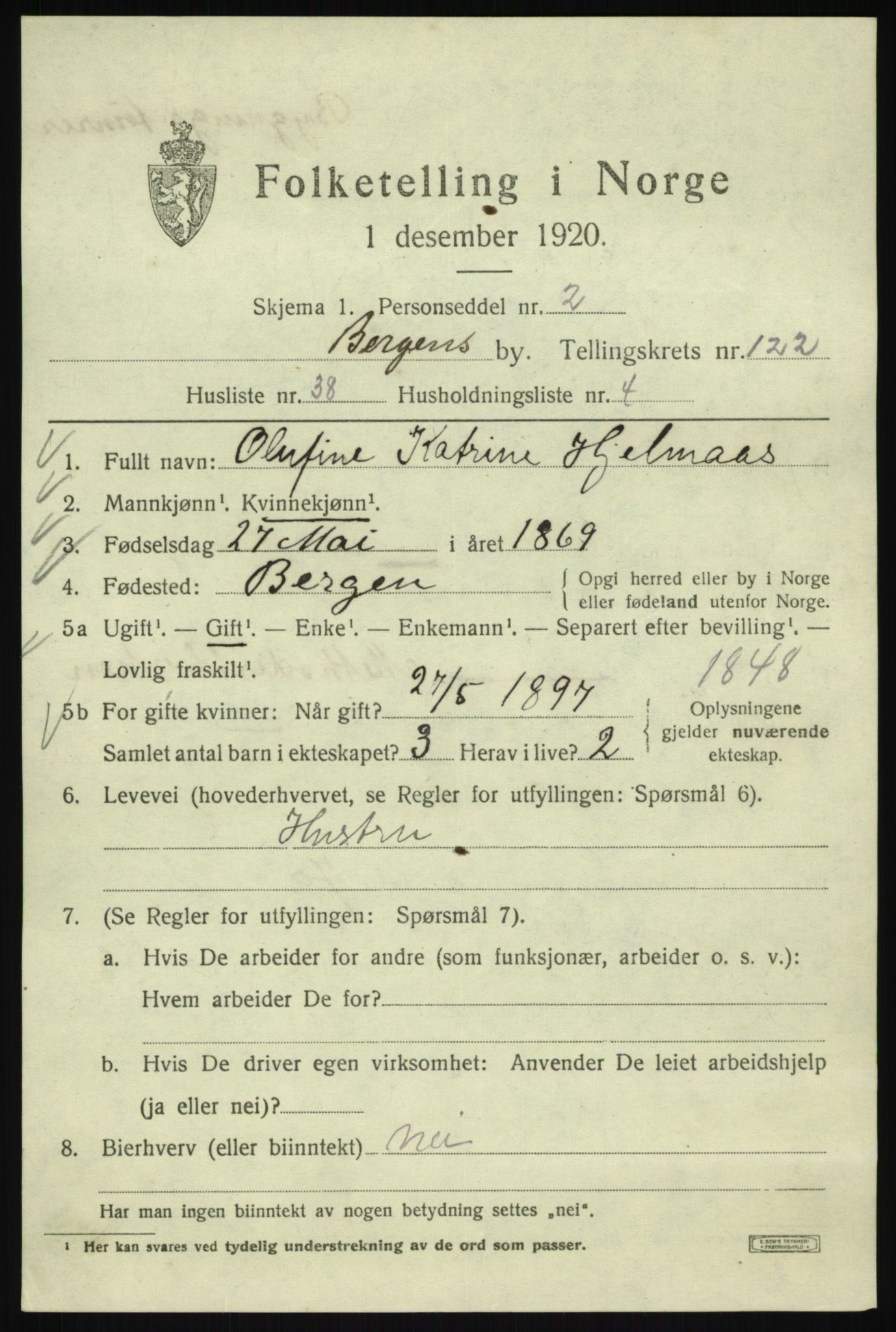 SAB, 1920 census for Bergen, 1920, p. 206398