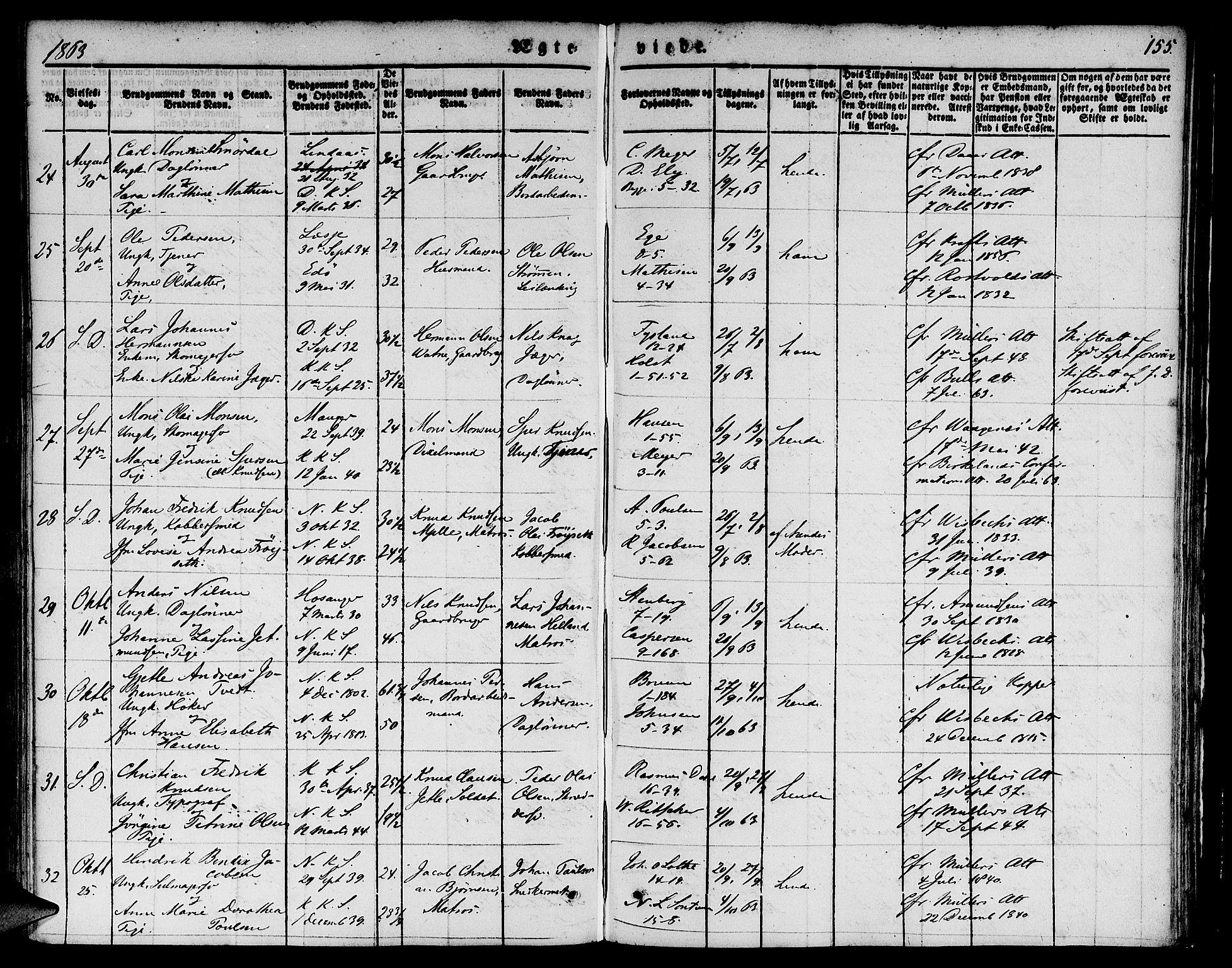 Nykirken Sokneprestembete, AV/SAB-A-77101/H/Hab: Parish register (copy) no. D 1, 1832-1867, p. 155