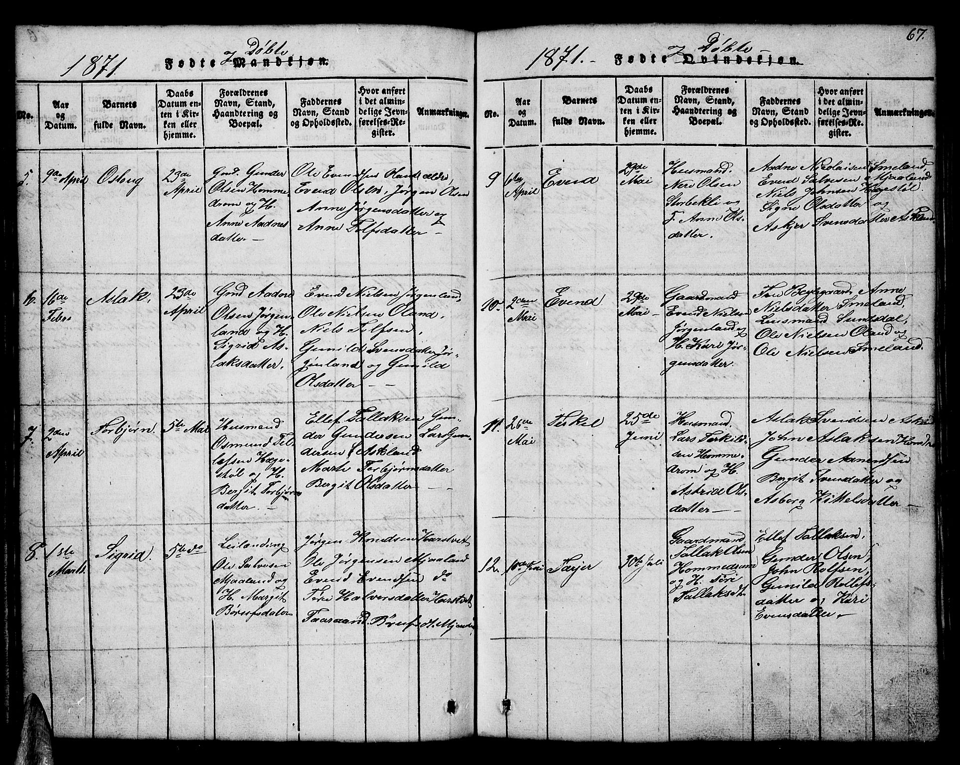 Åmli sokneprestkontor, AV/SAK-1111-0050/F/Fb/Fba/L0001: Parish register (copy) no. B 1, 1816-1890, p. 67