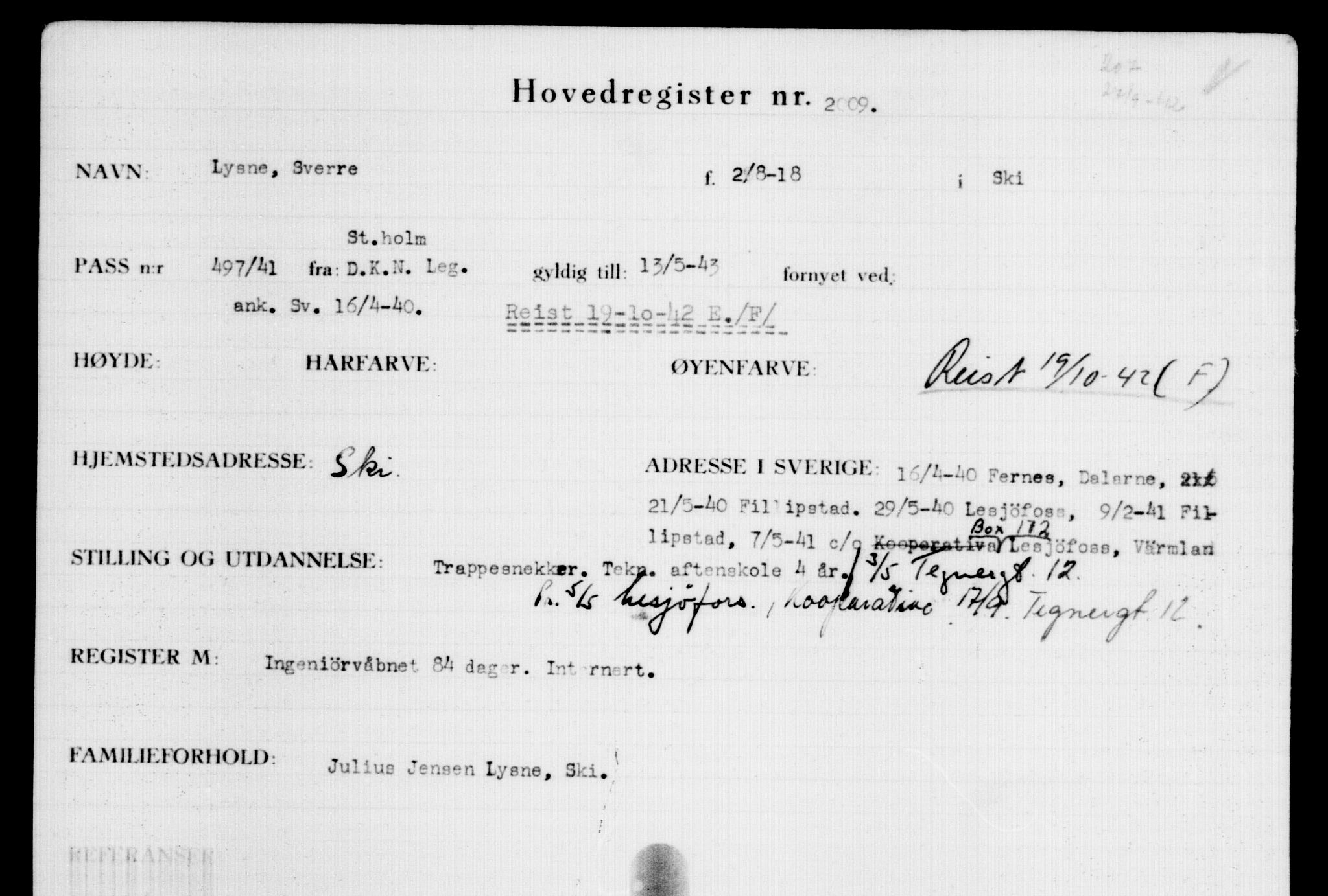 Utenriksstasjonene, Legasjonen i Stockholm, Flyktningkontoret, AV/RA-S-6753/V/Va/L0003: Kjesäterkartoteket, flyktninger med registreringsnr. 2001-3495, 1940-1945, p. 12