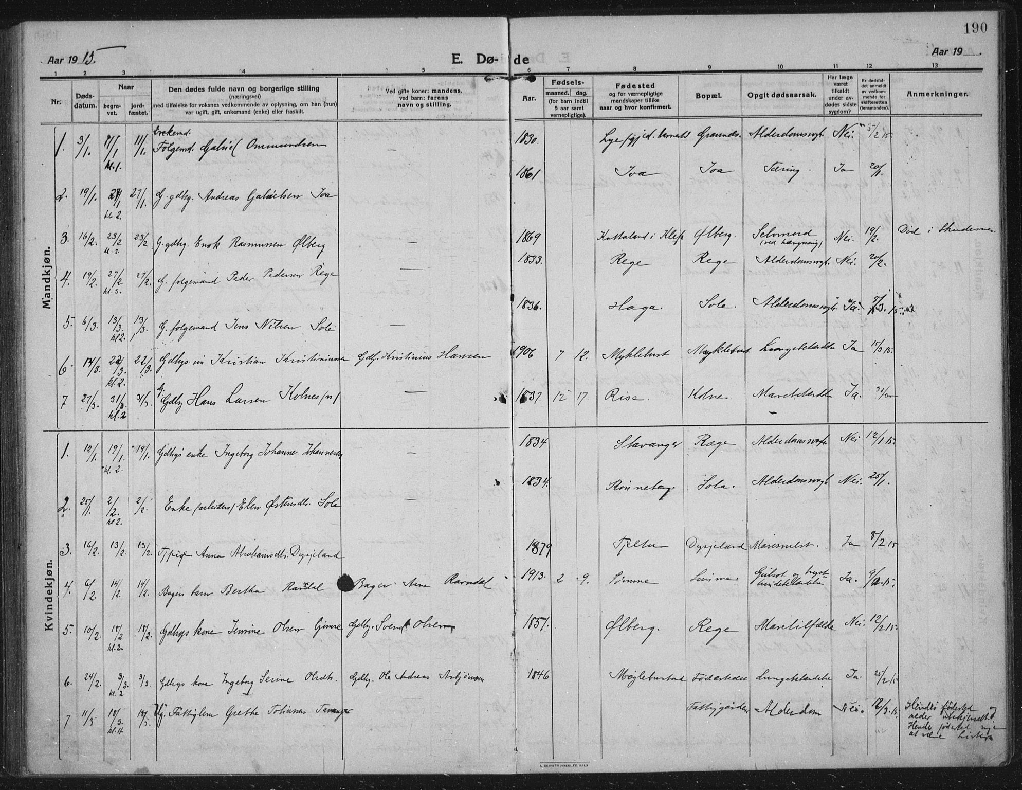 Håland sokneprestkontor, SAST/A-101802/002/C/L0001: Parish register (official) no. A 14, 1913-1927, p. 190