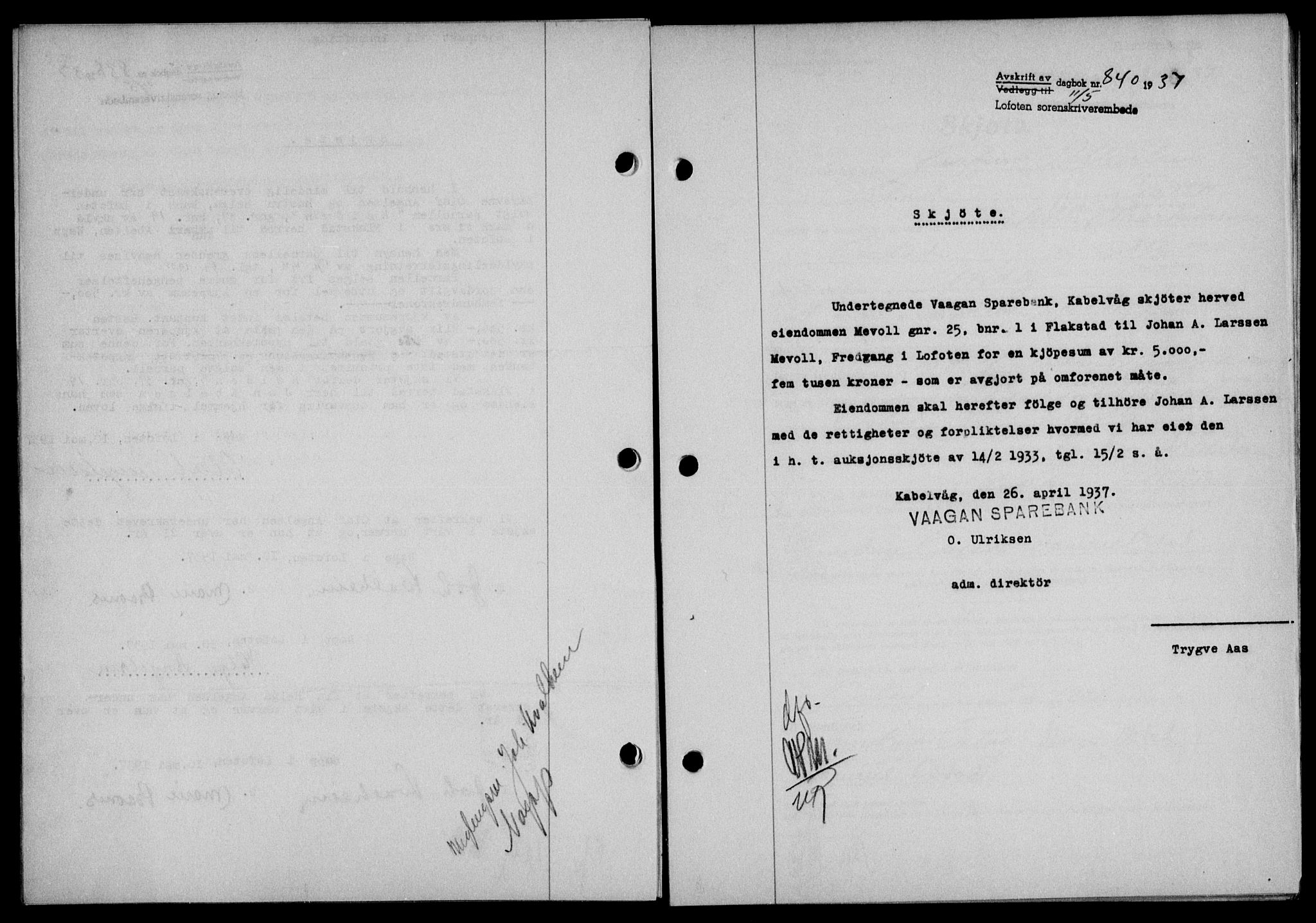 Lofoten sorenskriveri, SAT/A-0017/1/2/2C/L0002a: Mortgage book no. 2a, 1937-1937, Diary no: : 840/1937