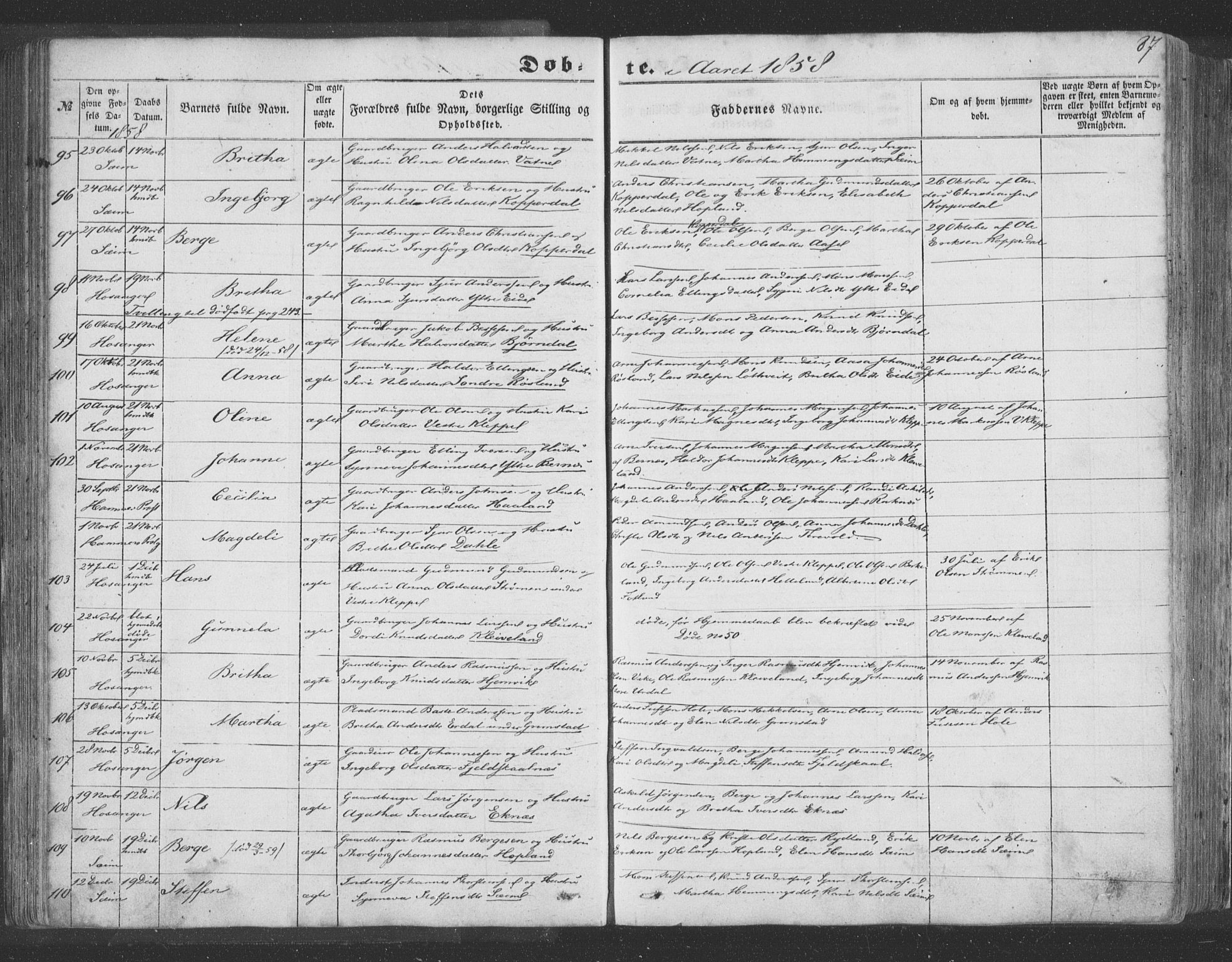 Hosanger sokneprestembete, AV/SAB-A-75801/H/Haa: Parish register (official) no. A 8, 1849-1863, p. 87