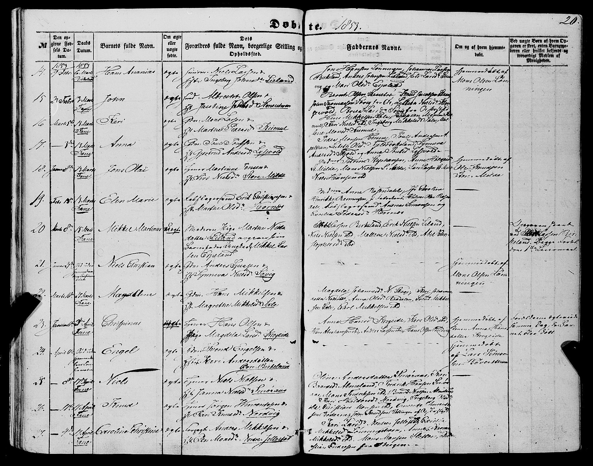Fana Sokneprestembete, SAB/A-75101/H/Haa/Haaa/L0011: Parish register (official) no. A 11, 1851-1862, p. 20